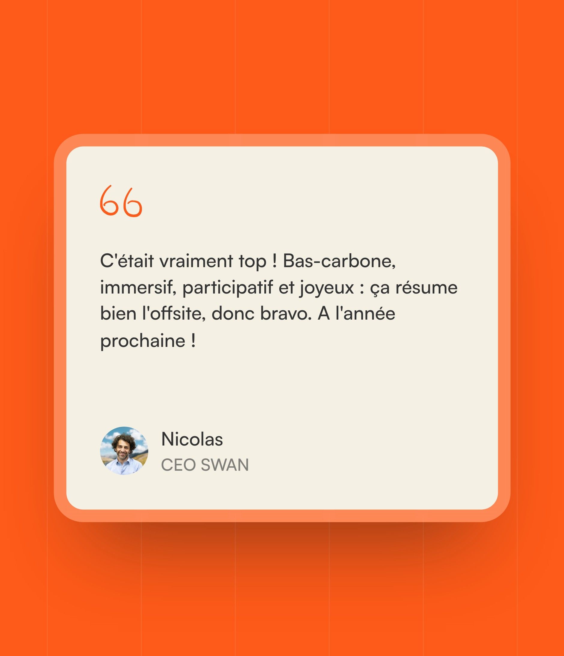 A participant's review, enlarged card on an orange background