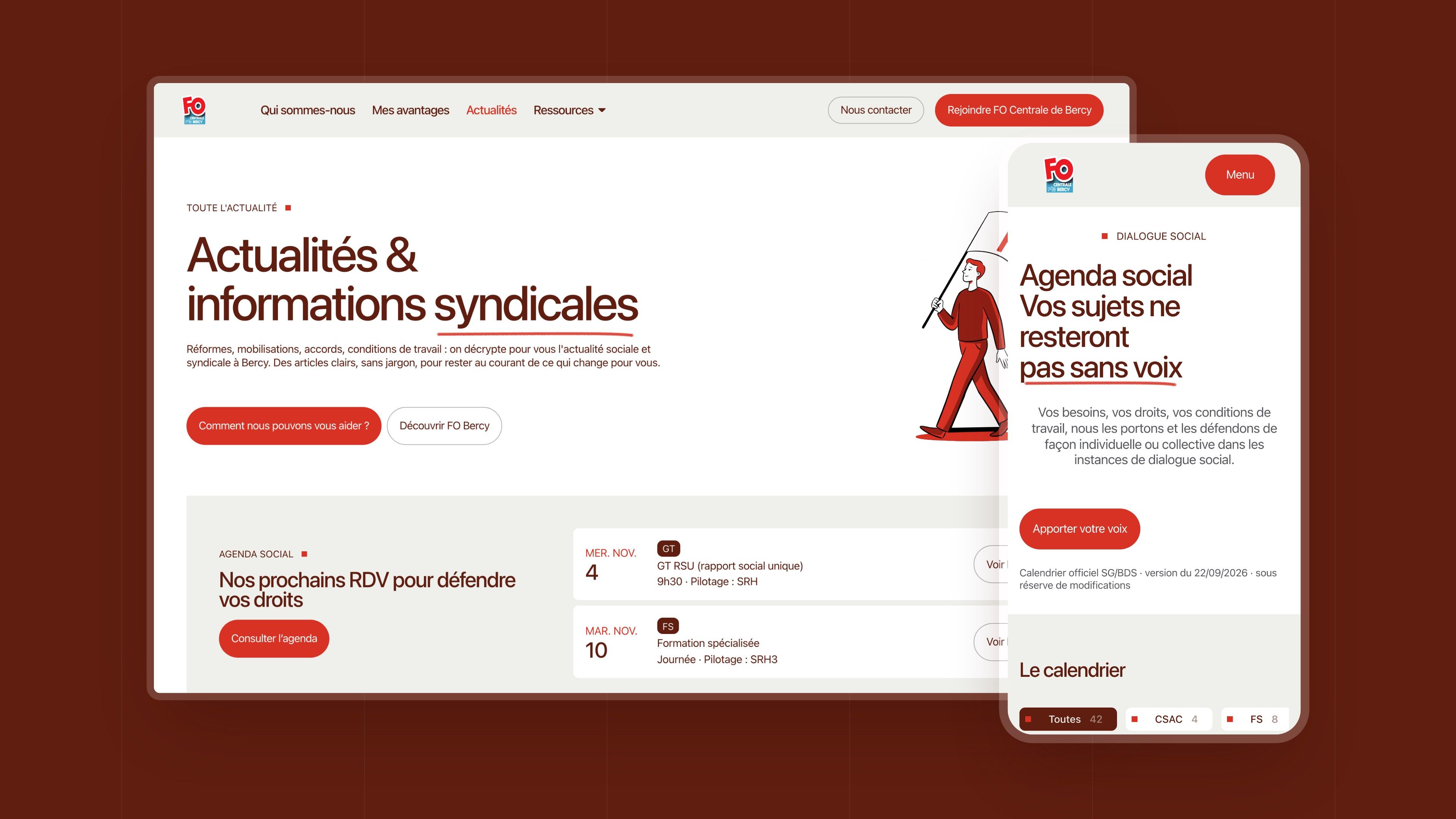 “News & union information” page on desktop and the social calendar on mobile