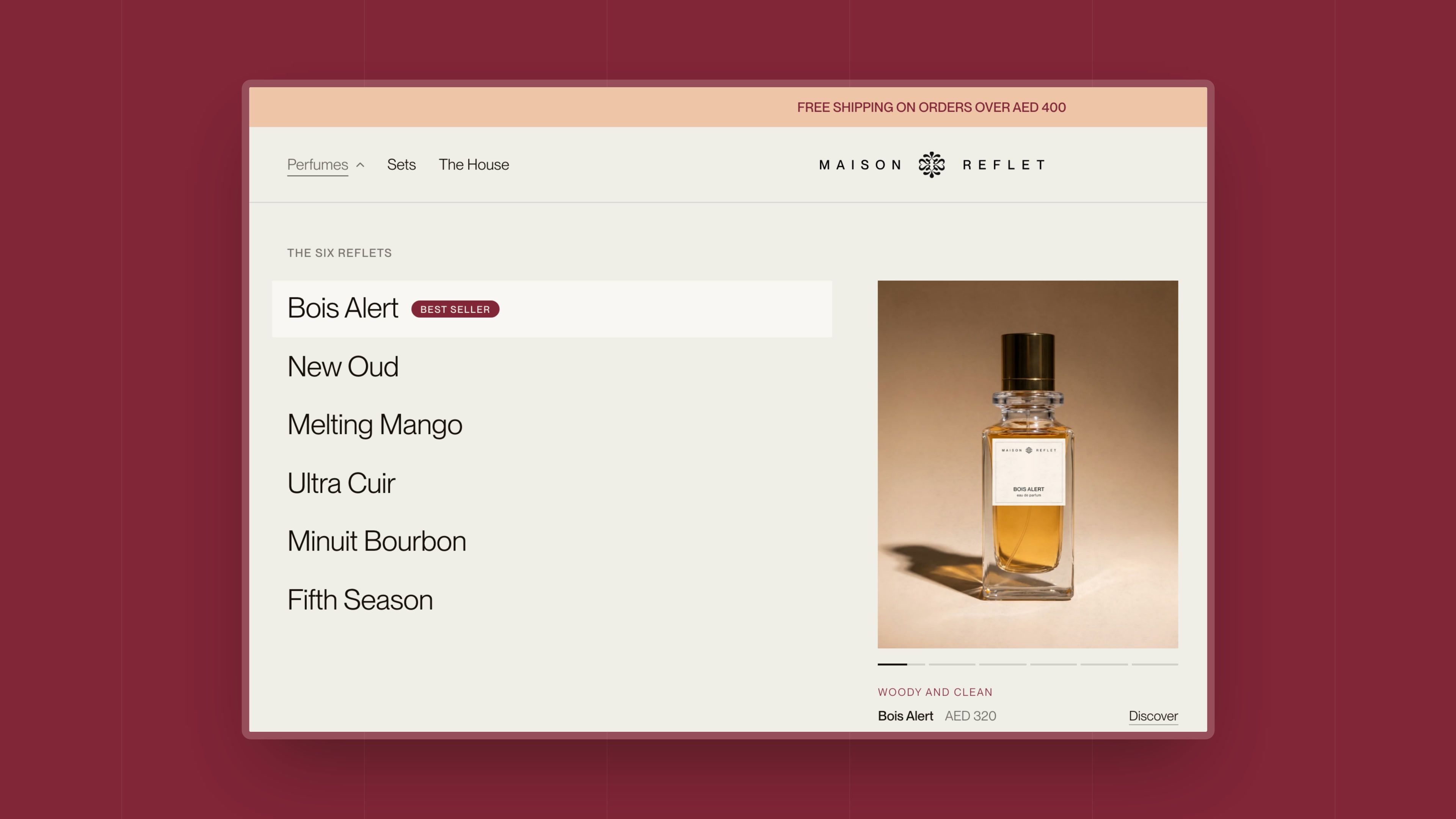 Perfumes menu open: the six Reflets, the Bois Alert bottle and its audio portrait