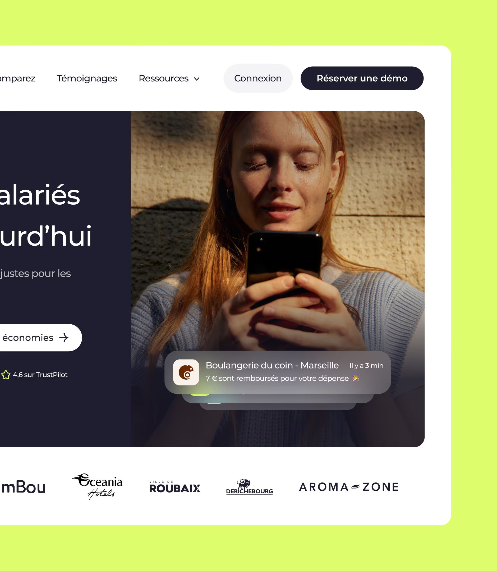 Hero du site Openeat : femme sur son téléphone, notification « 7 € sont remboursés », logos clients