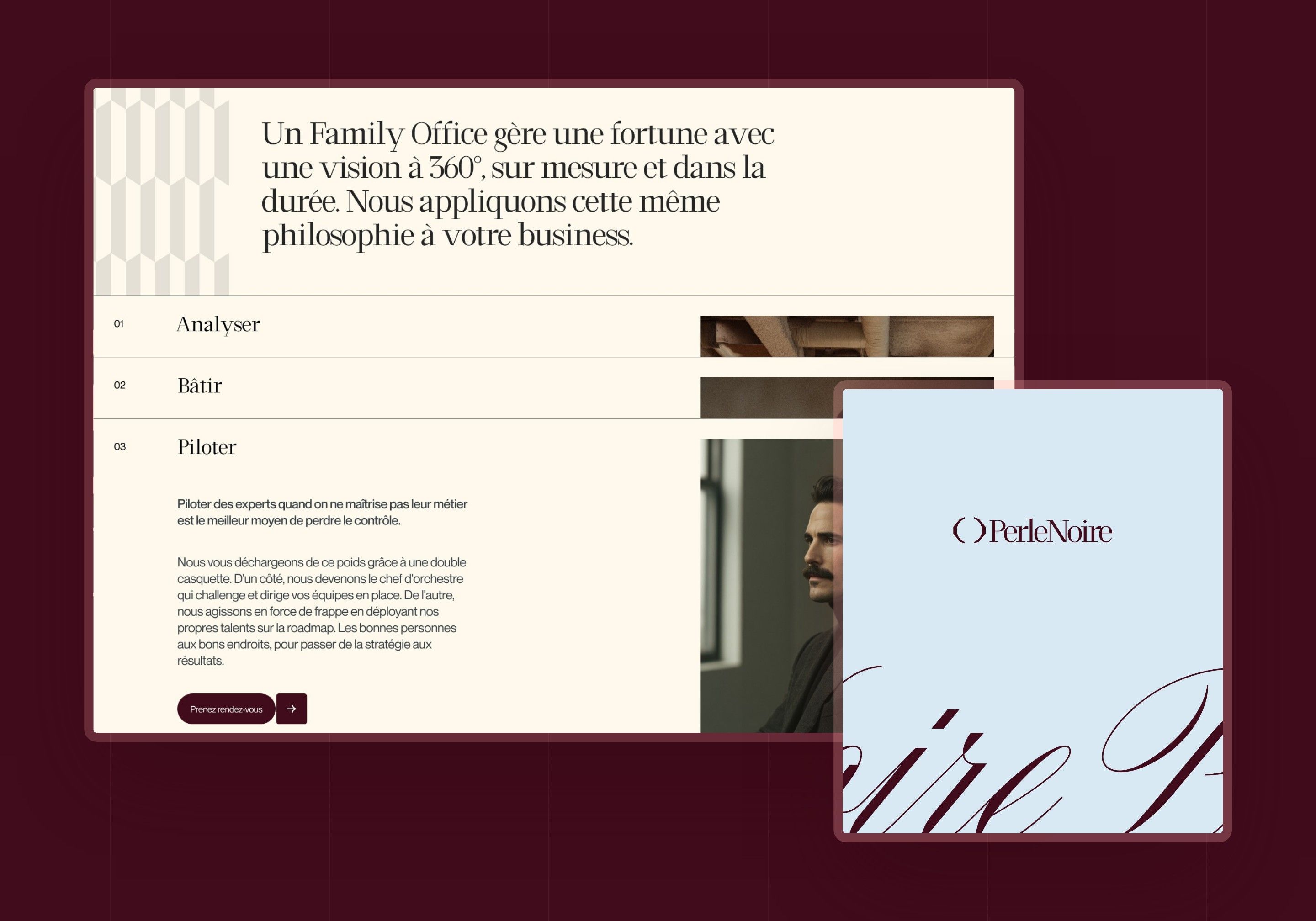 Direction 2: home page with the Analyse, Build, Steer method, and a board of the logo on light blue with the script
