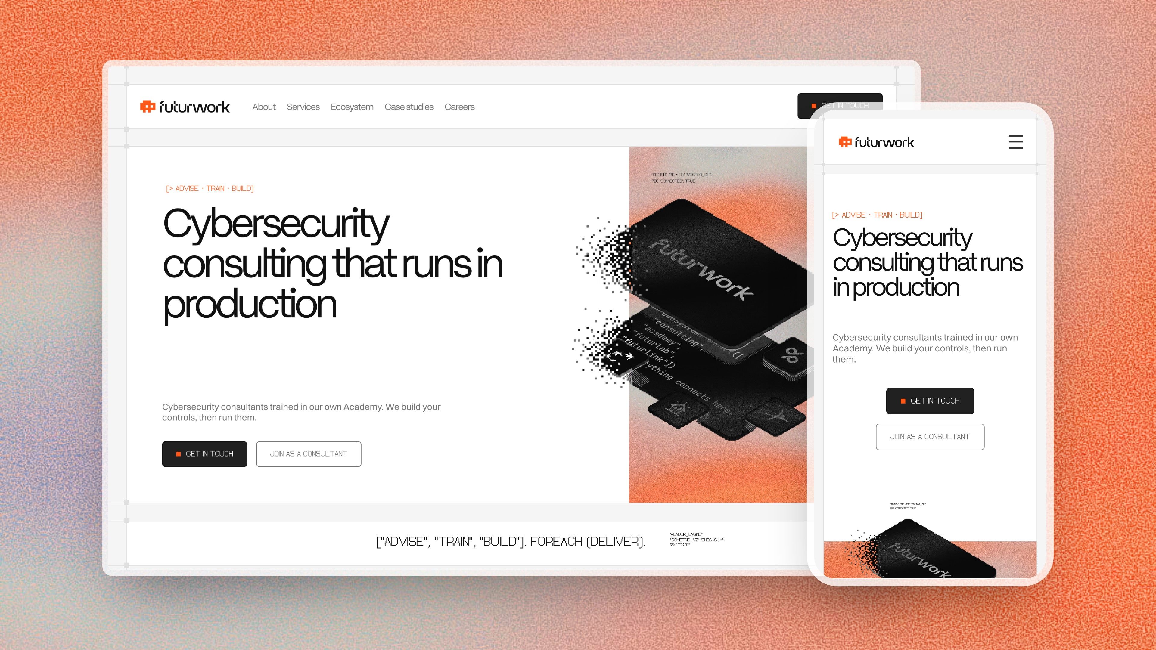Futurwork home page on desktop and mobile, on the orange and lilac gradient