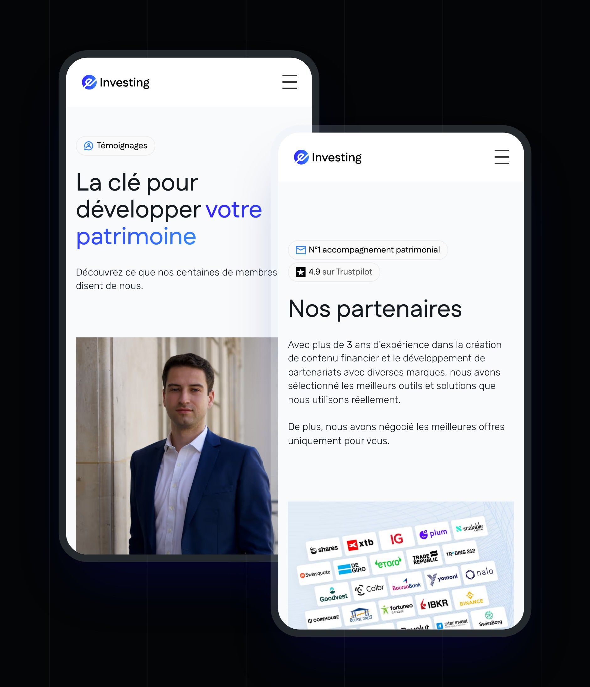 e-Investing Testimonials and Partners pages on mobile, on an ink background