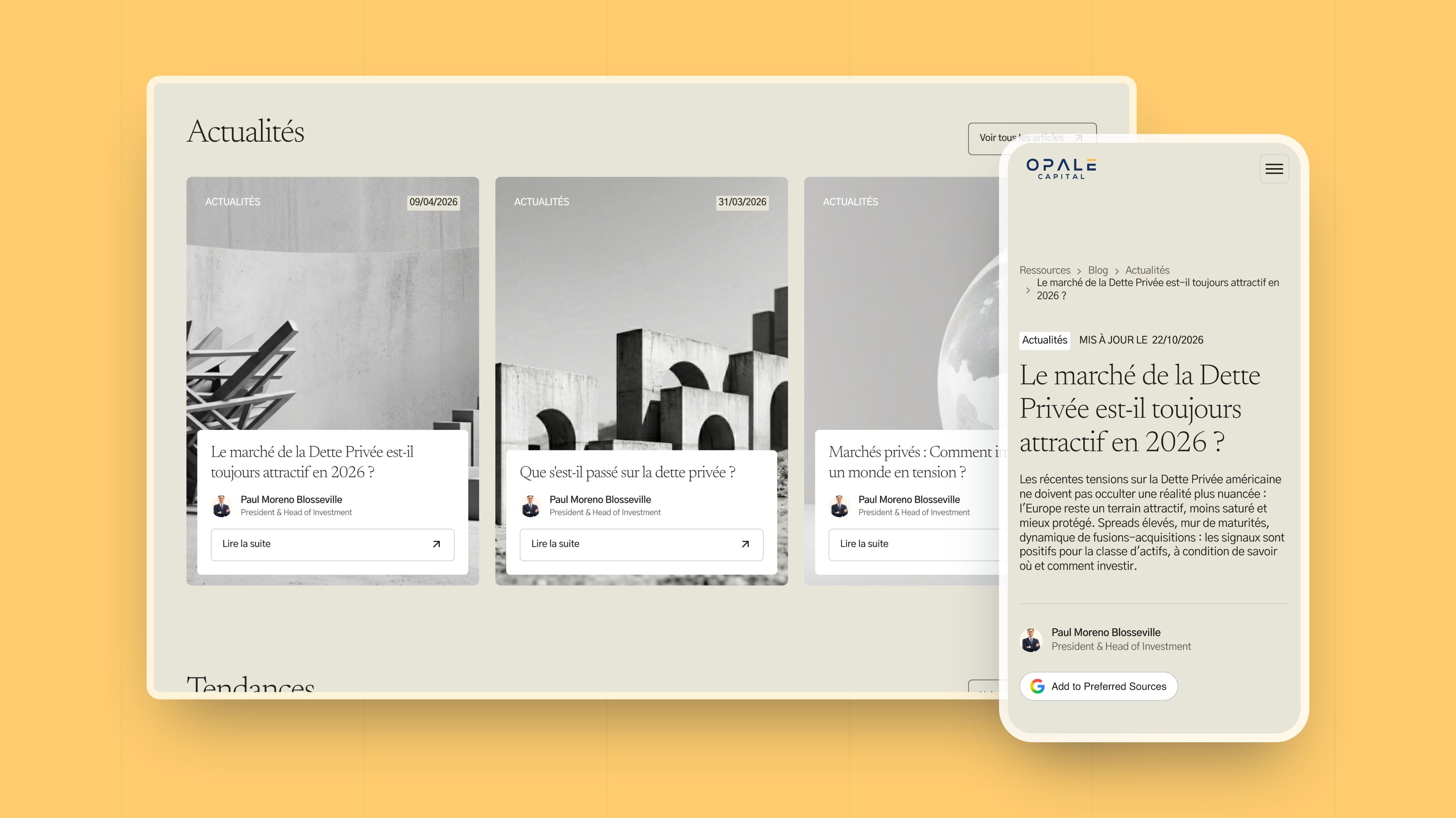 Blog News section on desktop and the private debt article on mobile