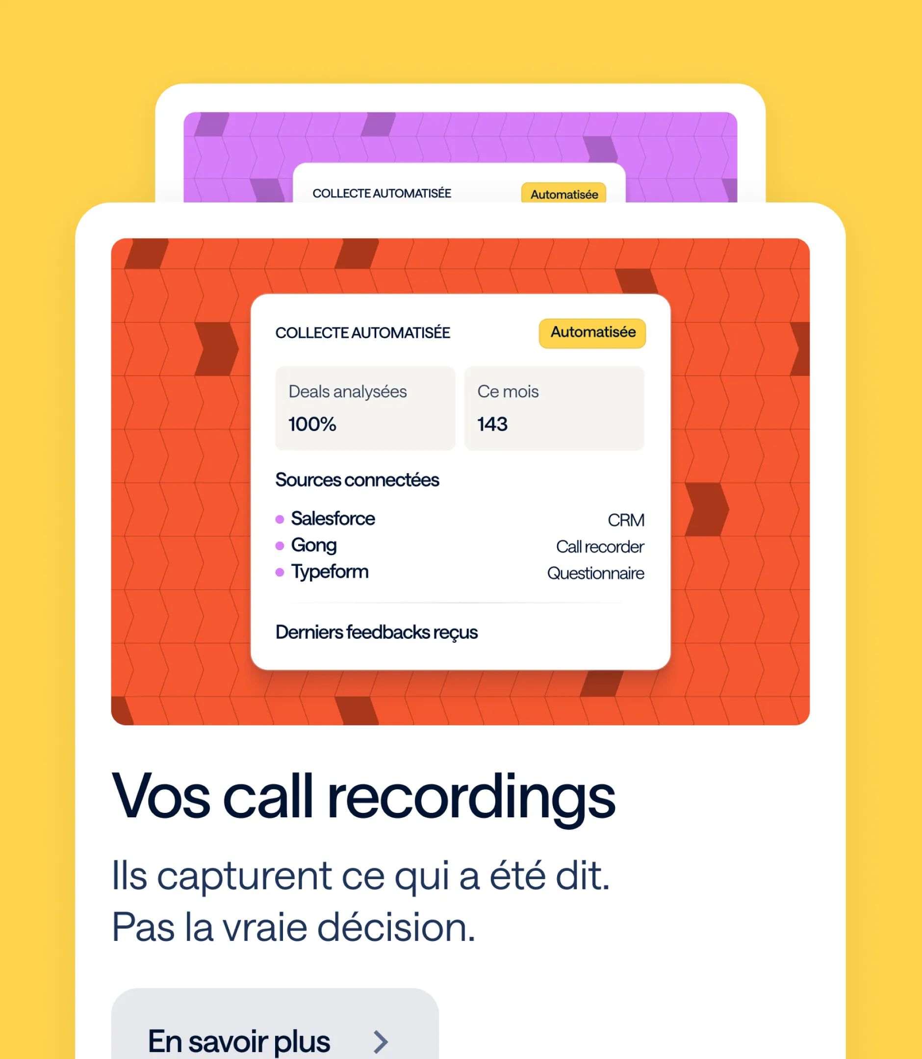 Diffly "Vos call recordings" card with an automated collection widget: Salesforce, Gong, Typeform sources