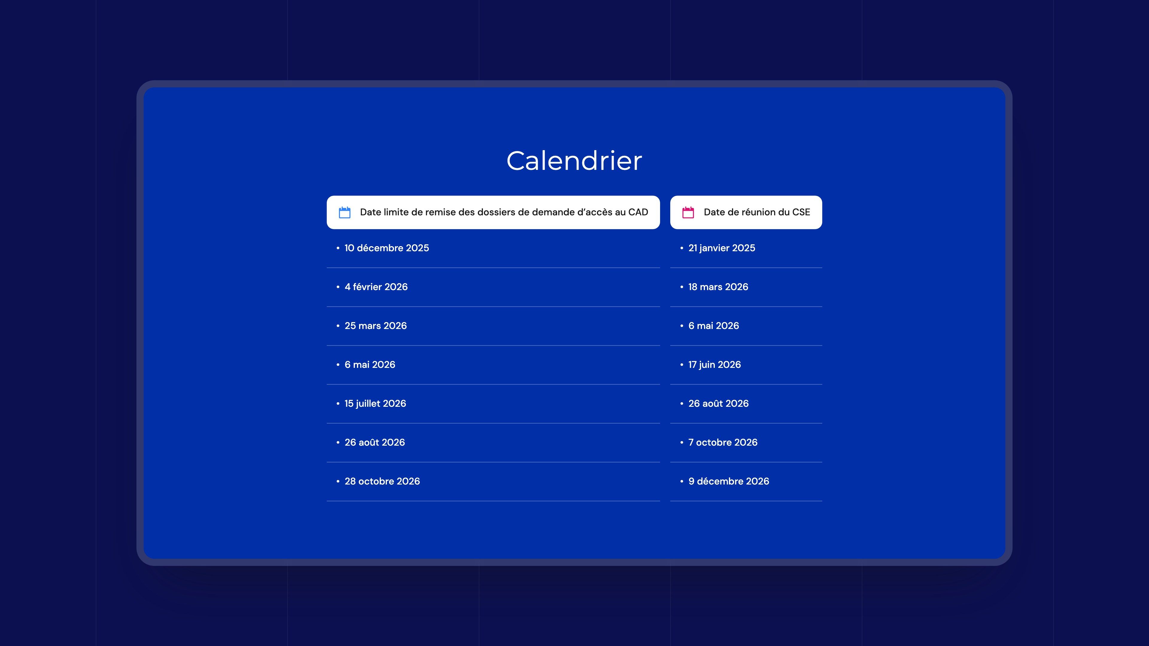 Calendar of application deadlines and committee meetings, on a blue background