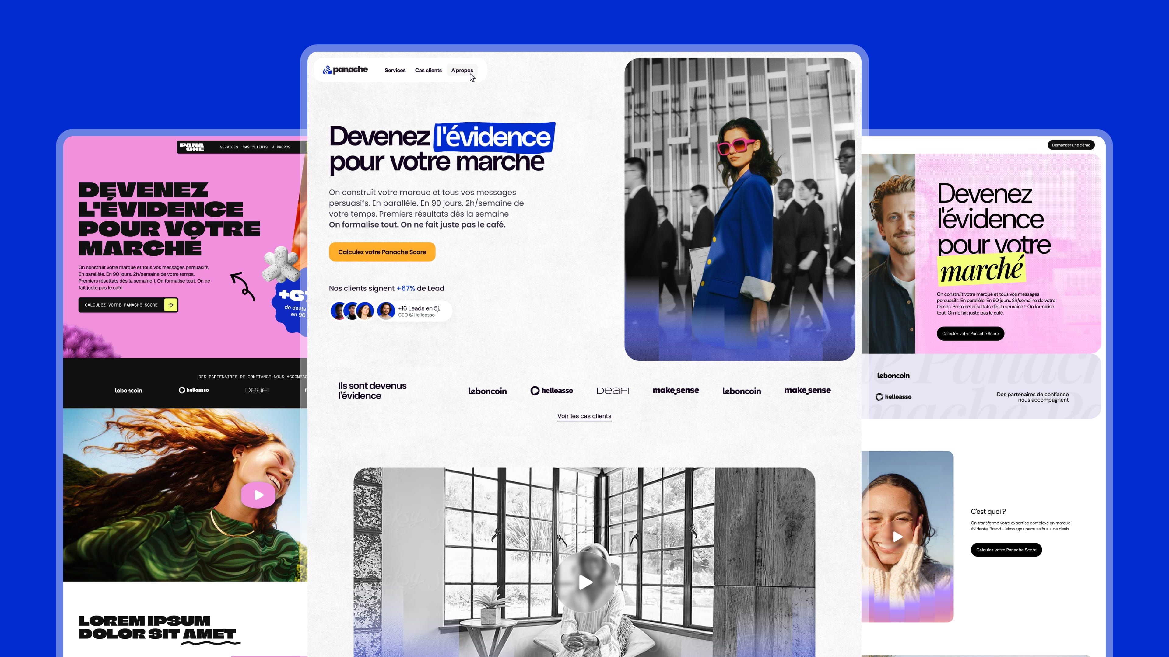 Trois pistes de homepage Panache « Devenez l’évidence pour votre marché », dont une avec mot surligné en bleu