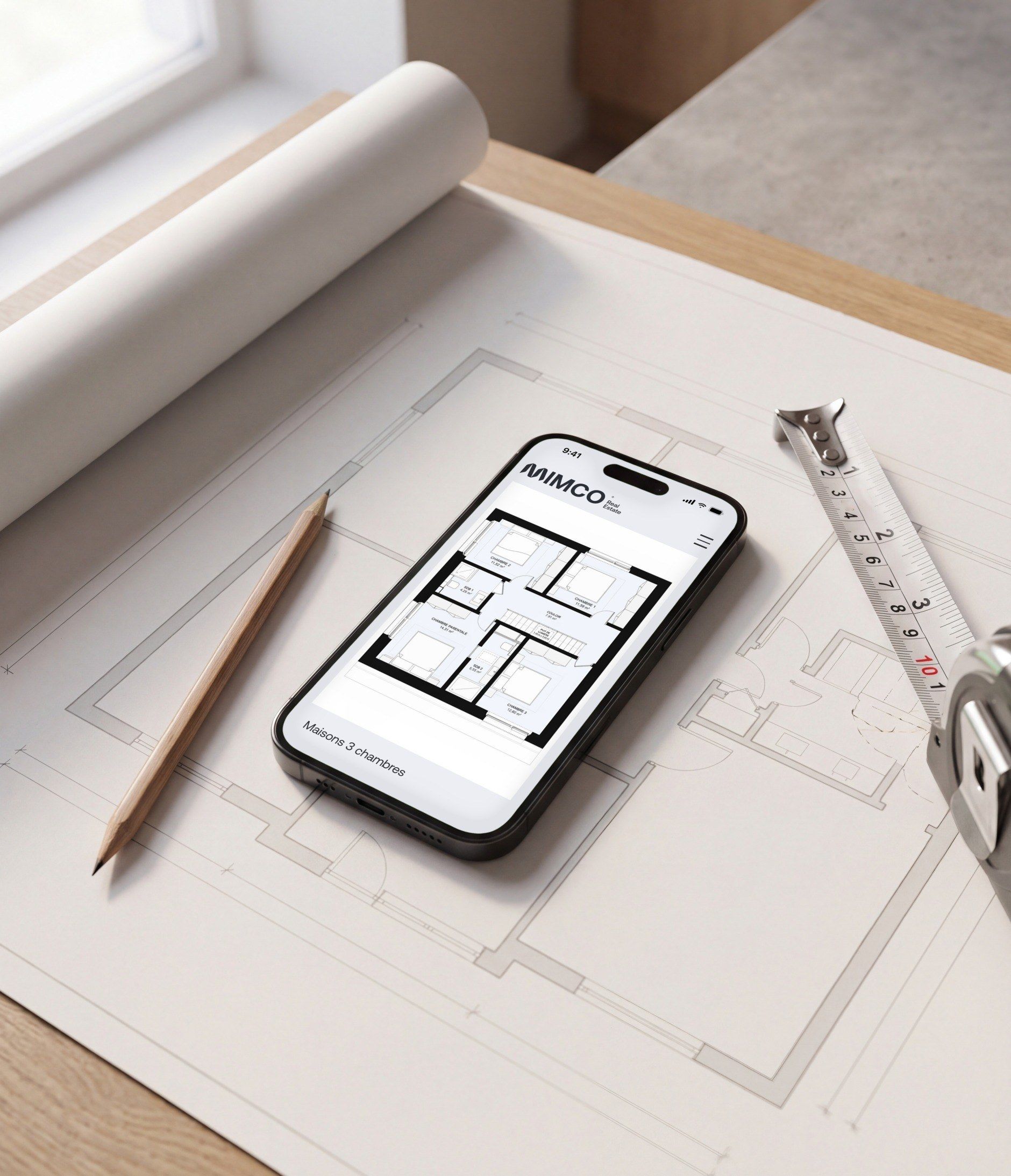 iPhone resting on a house plan, open on the plan of a 3-bedroom house at OIHAN