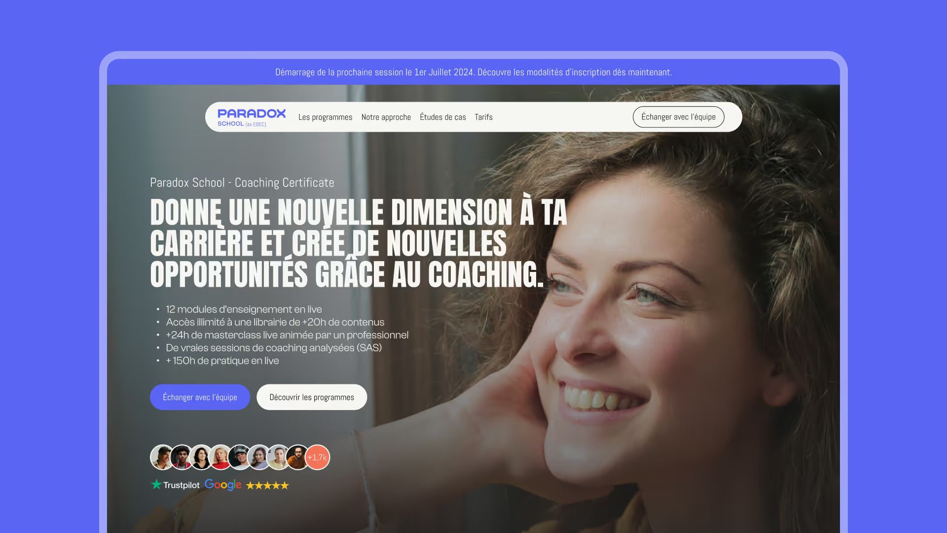 Paradox School homepage: “Take your career to a new dimension… through coaching” beside a smiling woman