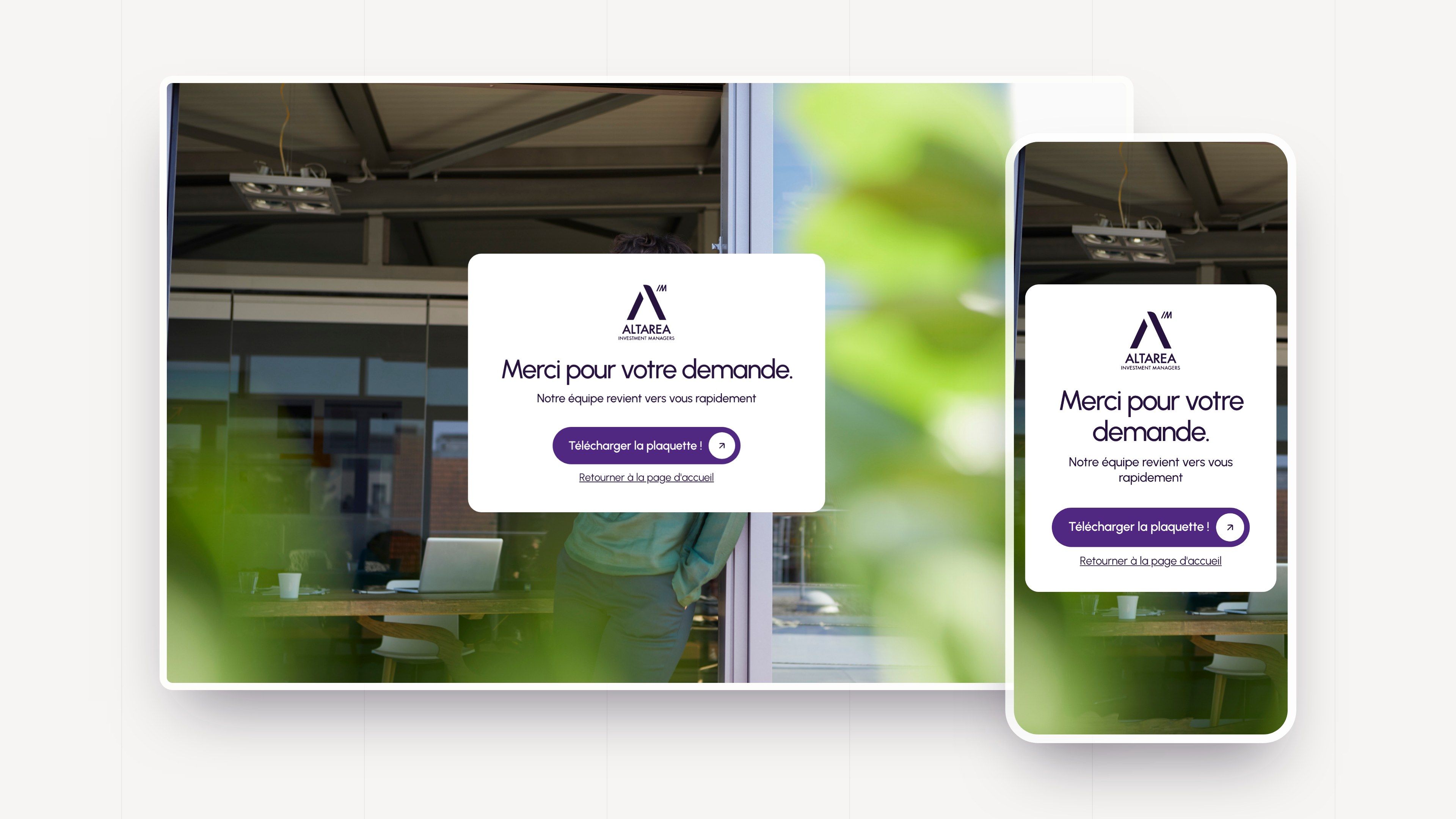 “Thank you for your request” page with the brochure download button, on desktop and mobile