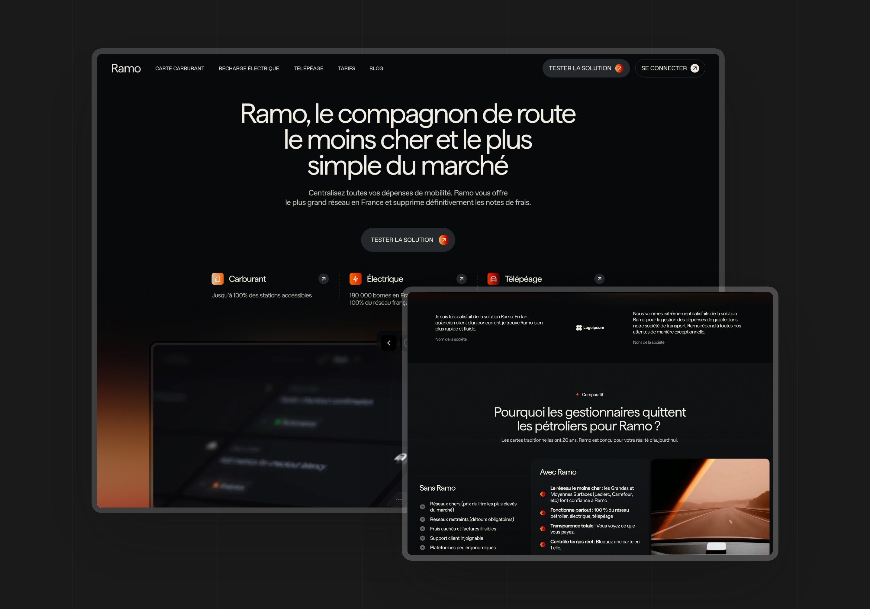Direction 2, Speed: dark mode home page with orange accents and a comparison