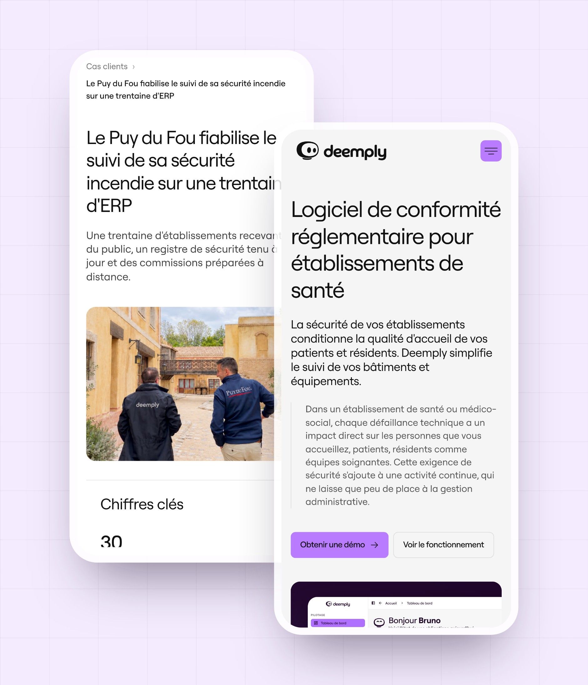 Puy du Fou case study and Healthcare industry page on mobile, two pages generated by the CMS