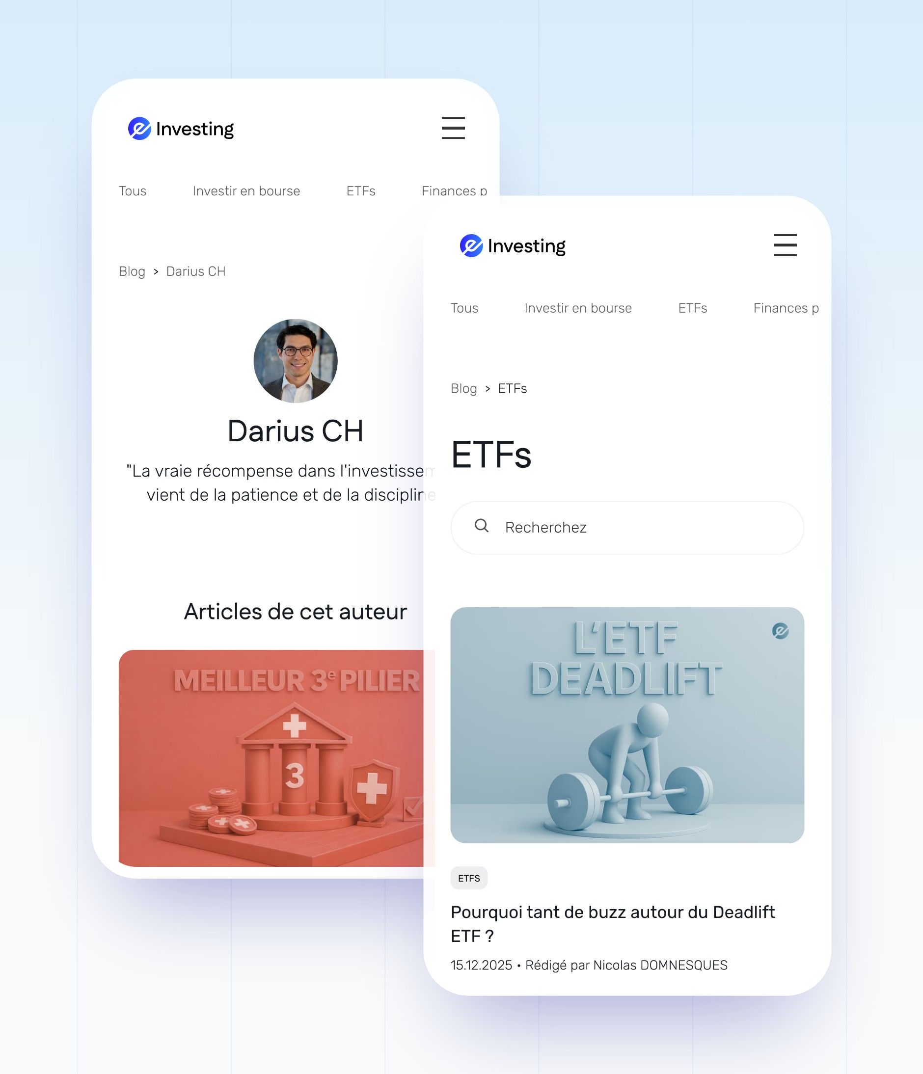 Author page of Darius CH and the ETF topic on mobile, two pages generated by the CMS