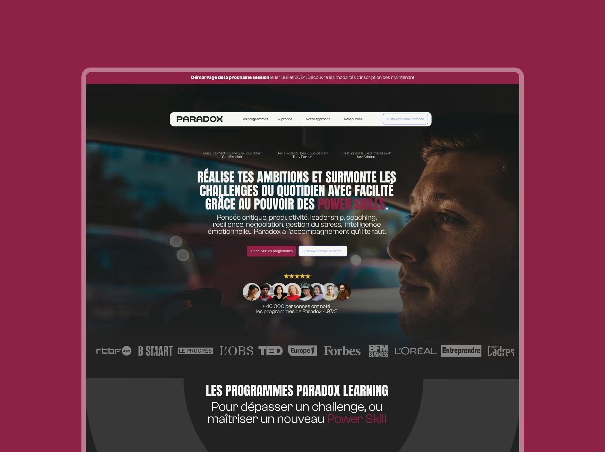 Paradox homepage mockup: headline about achieving ambitions with Power Skills, man in a car, media logos