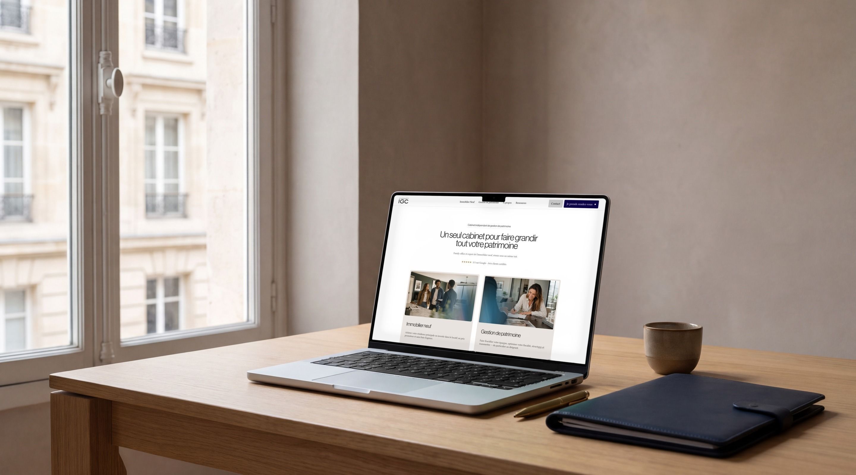 MacBook Pro open on the Cabinet IGC home page, “One firm to grow all of your wealth”