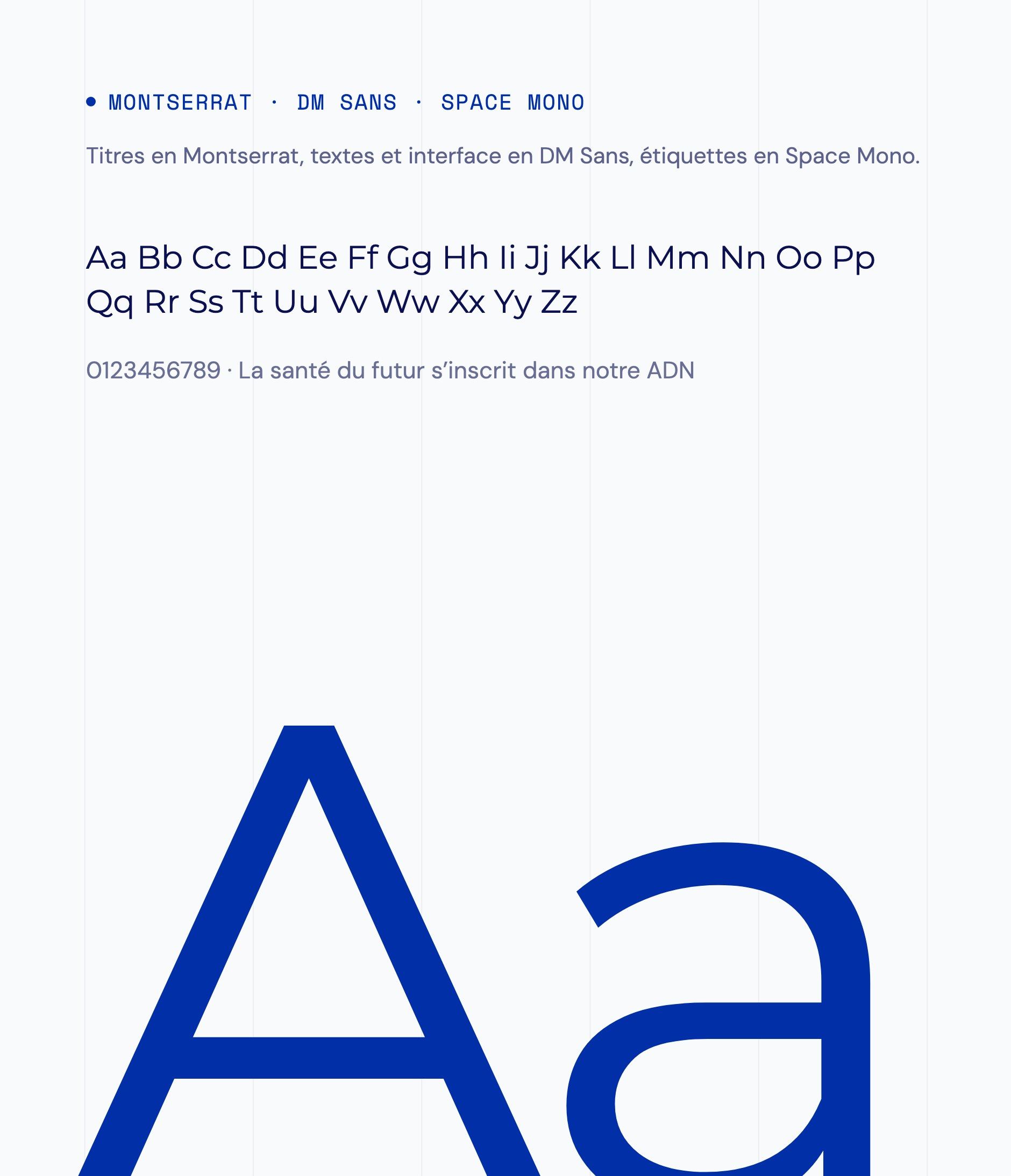 Montserrat, DM Sans and Space Mono, the CAD website's typefaces: a large blue “Aa”