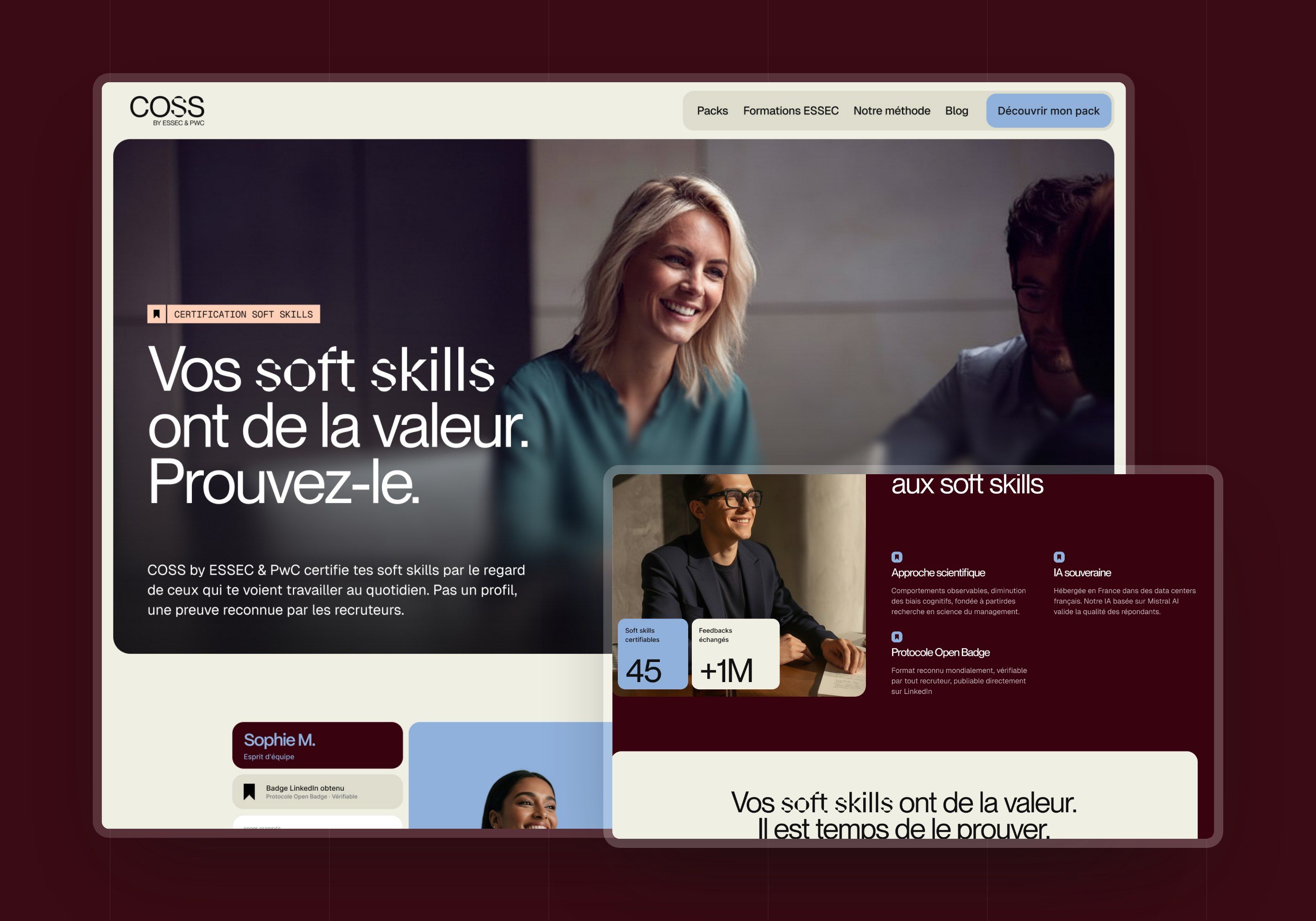 Direction 2: COSS home page in blue and burgundy, large photo and partner cards