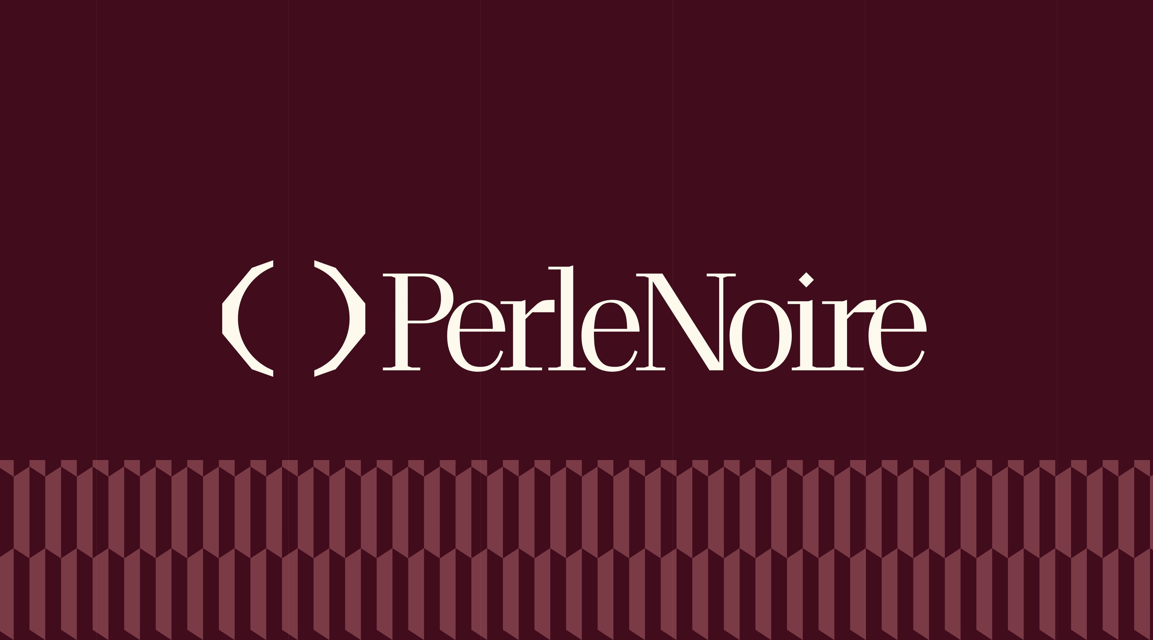 Perle Noire logo in beige on a burgundy background, above the brand's faceted pattern