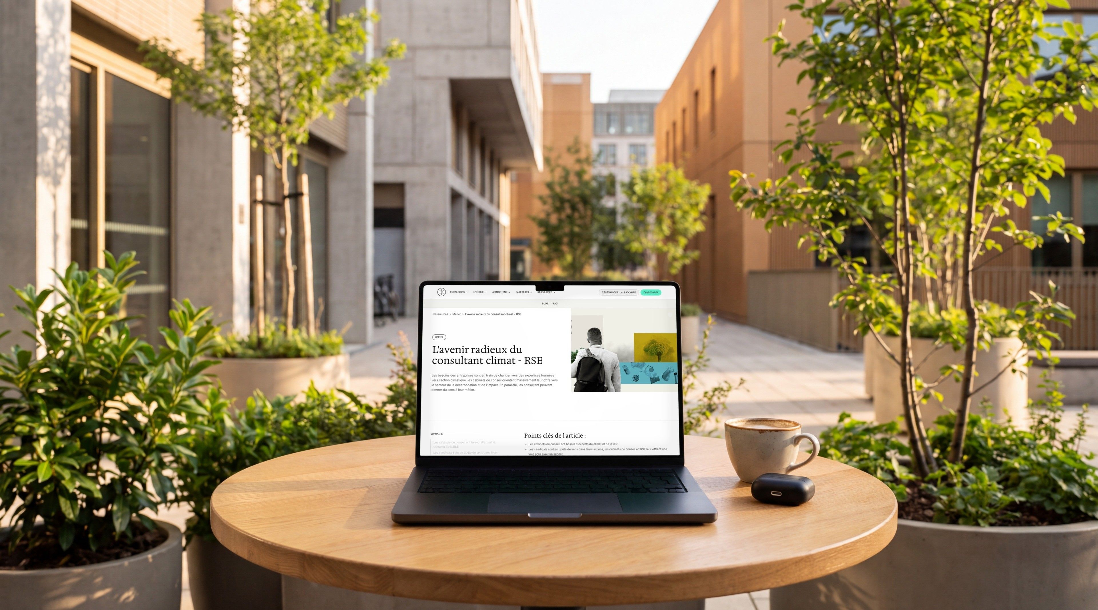 MacBook Pro open on the Klima School article “The bright future of the climate and CSR consultant”, on a campus terrace