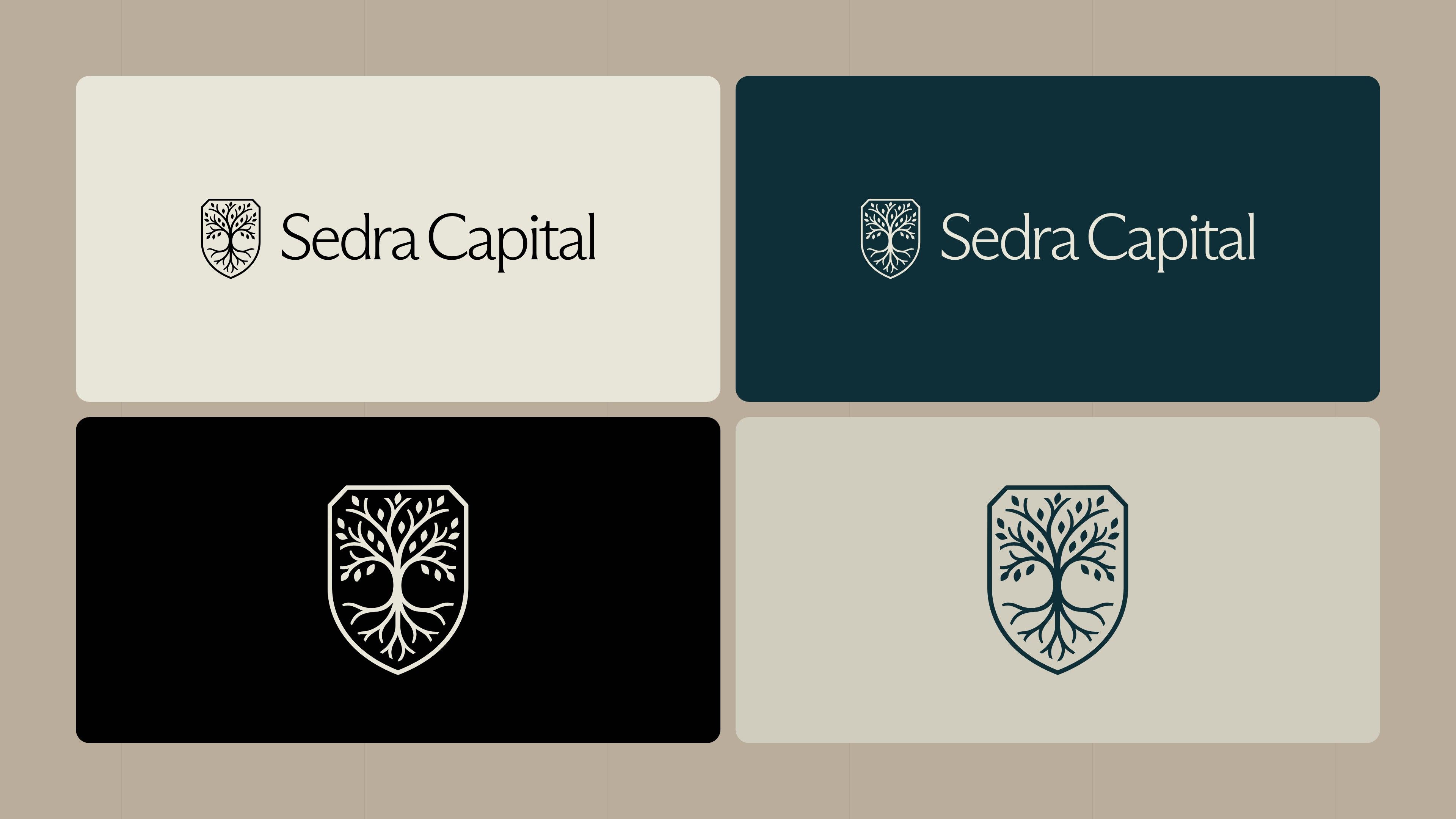 Logo and crest variations on ivory, petrol blue, black and greige