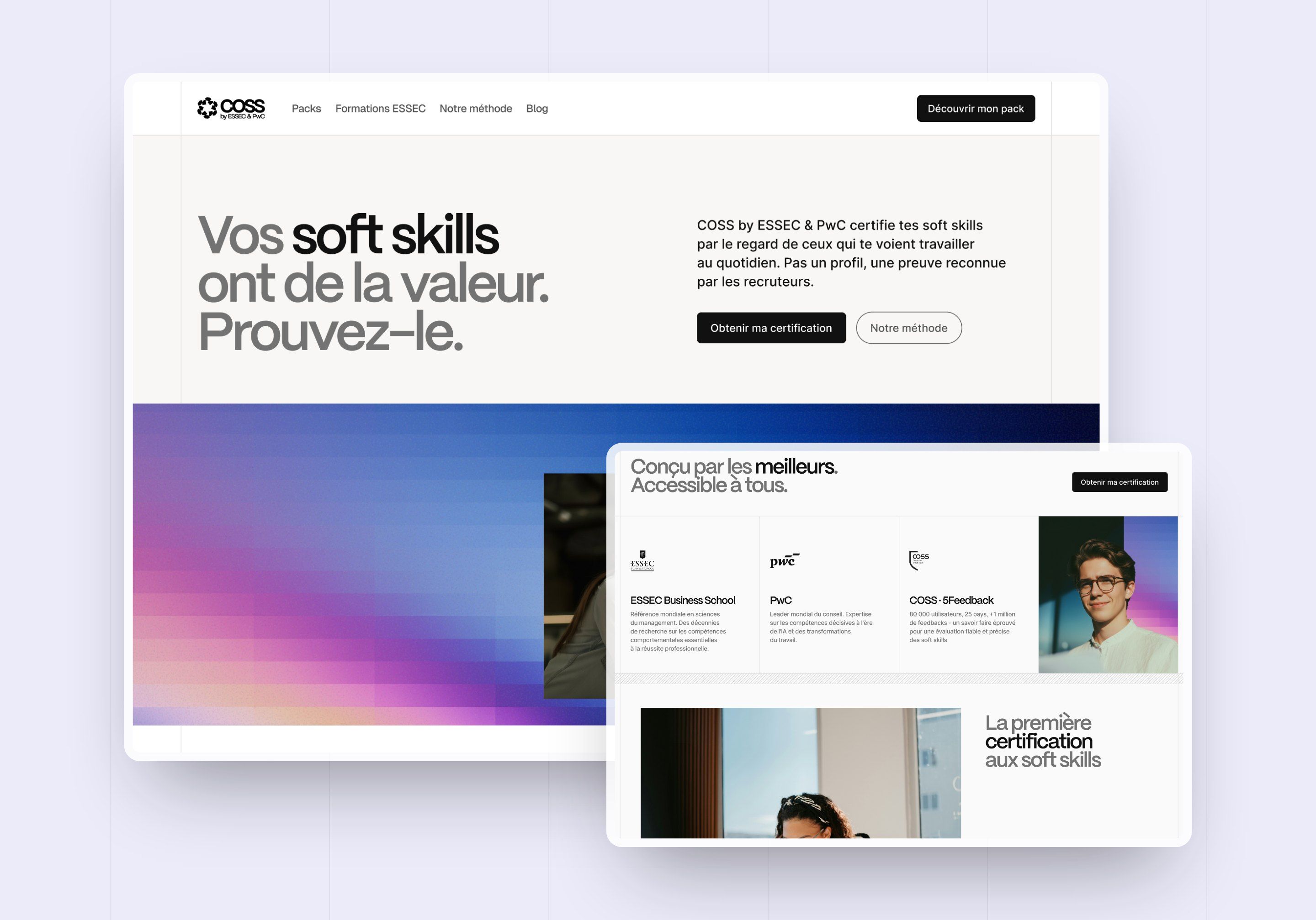 Direction 1: COSS home page with a blue, purple and pink gradient and key figures