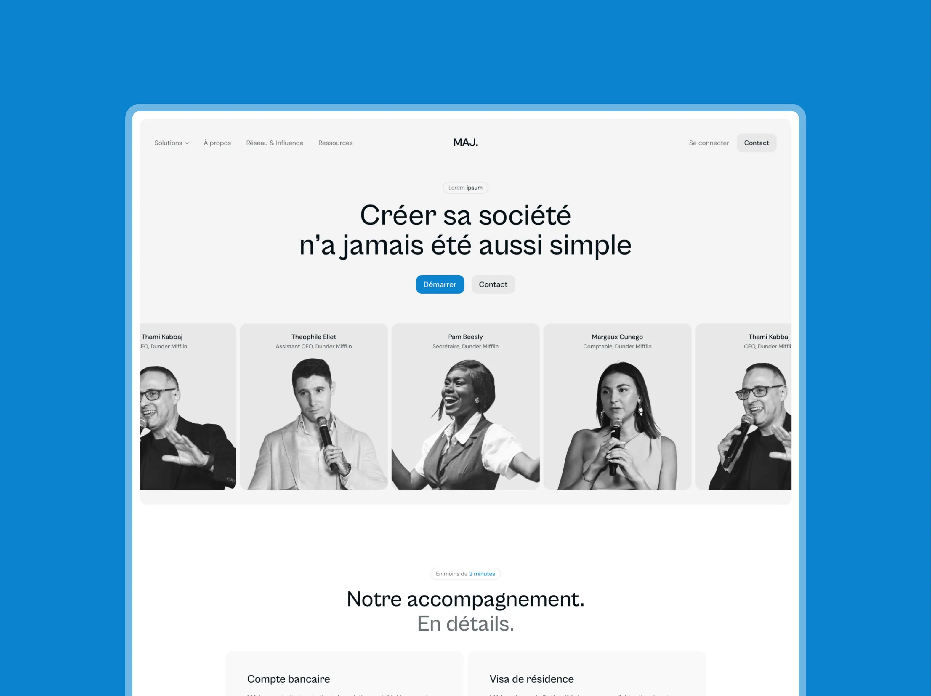 MAJ homepage: headline “Créer sa société n'a jamais été aussi simple” and black-and-white team photo strip