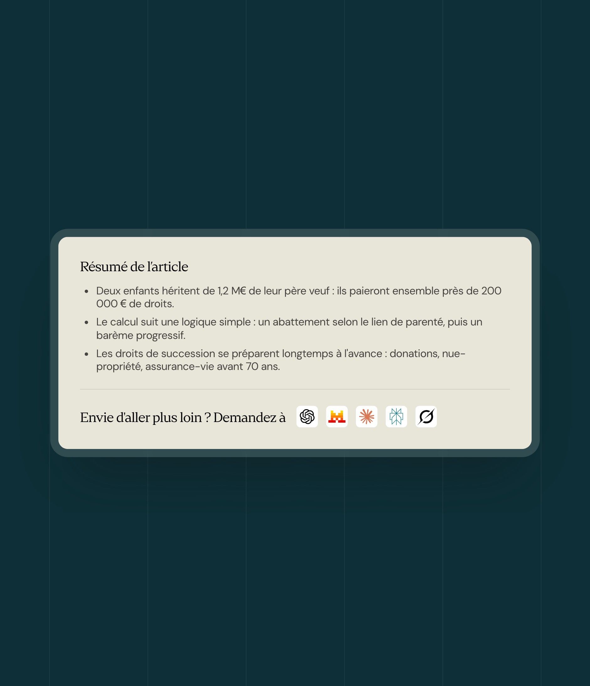 “Article summary” block and buttons to have it summarised by an AI assistant