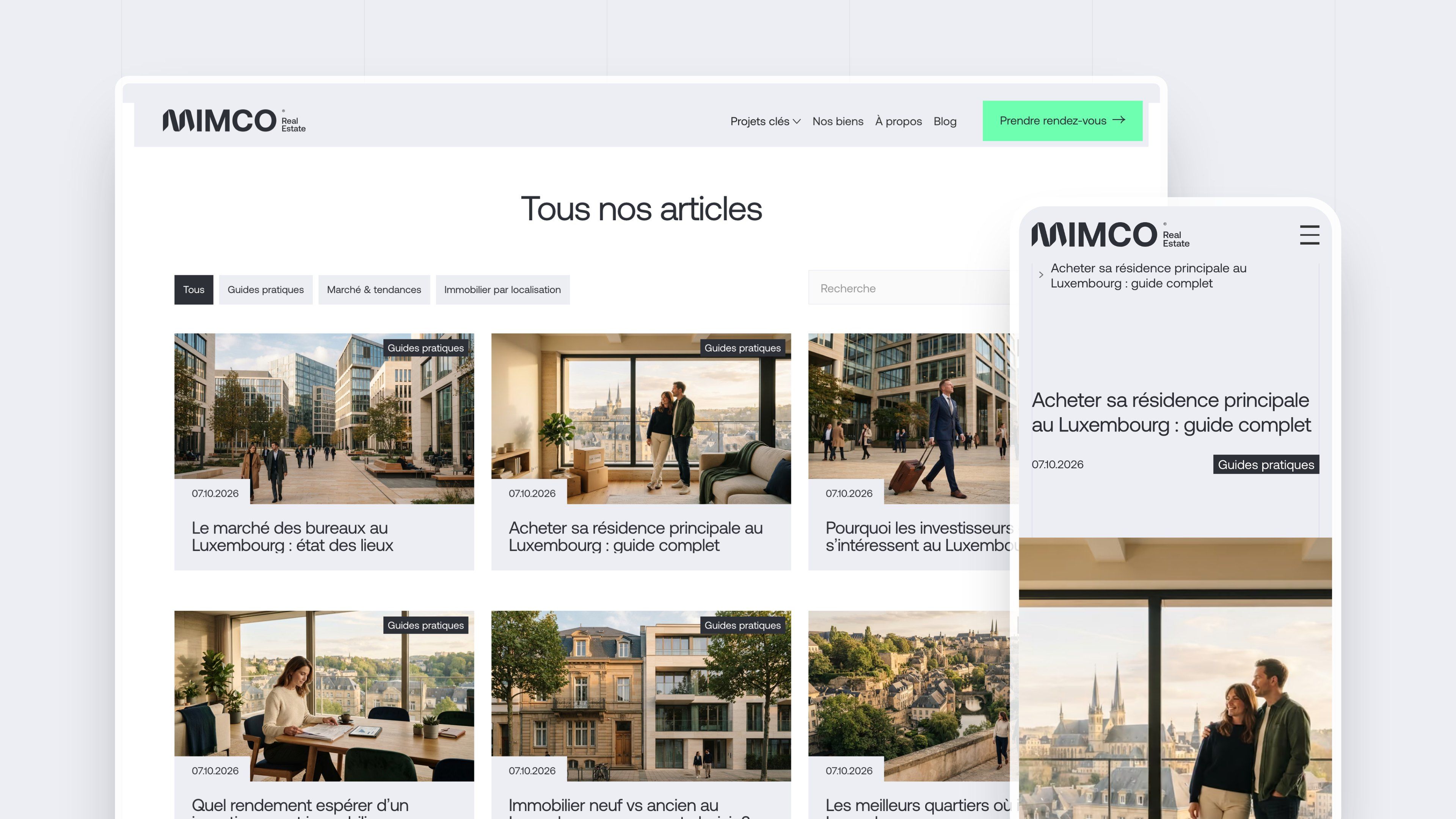 Mimco blog “All our articles”: filters by topic and guide cards, with the buying guide open on mobile