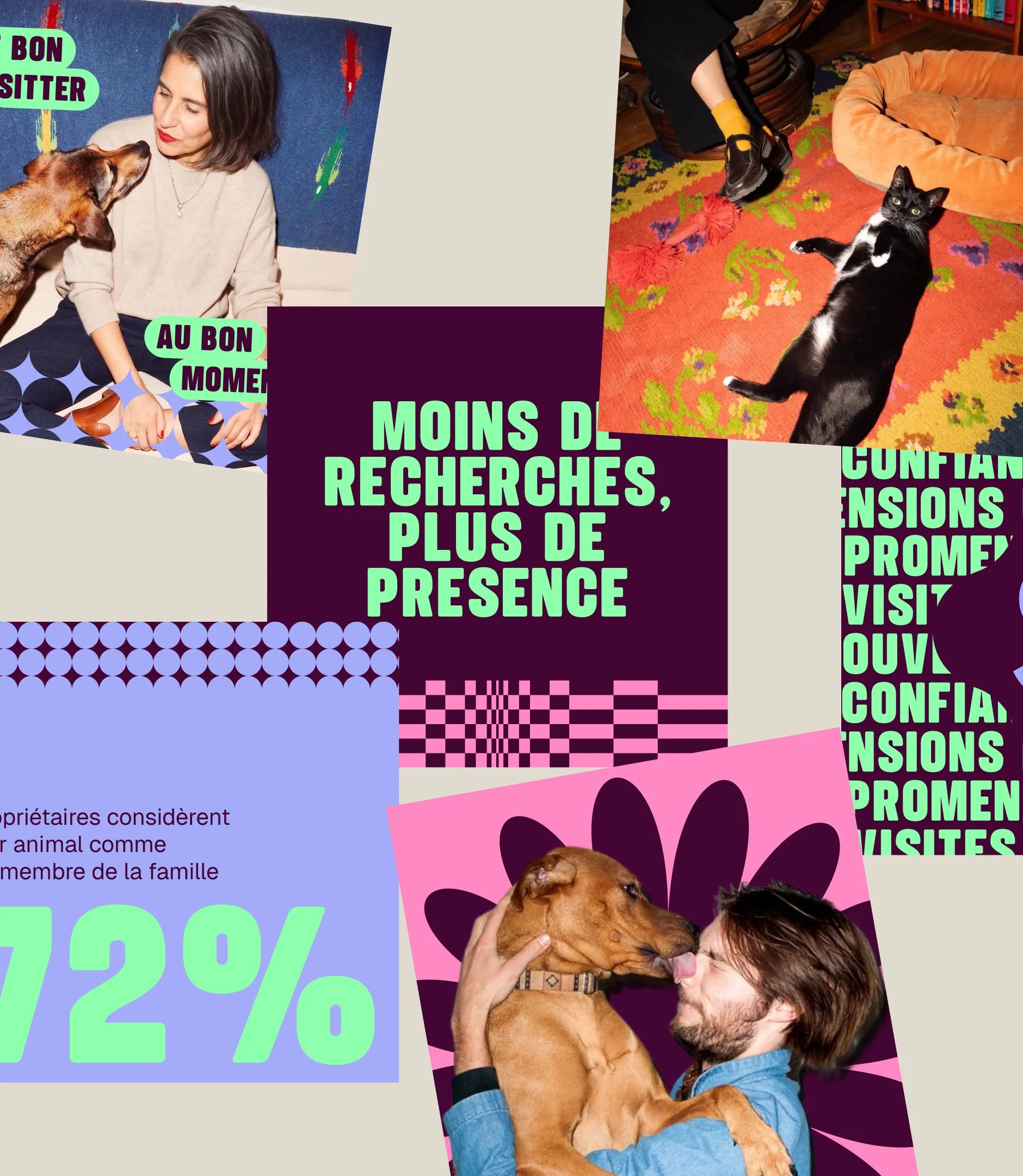 Sowapi brand visuals: dog and cat photos, “Moins de recherches, plus de présence” slogan, 72% statistic