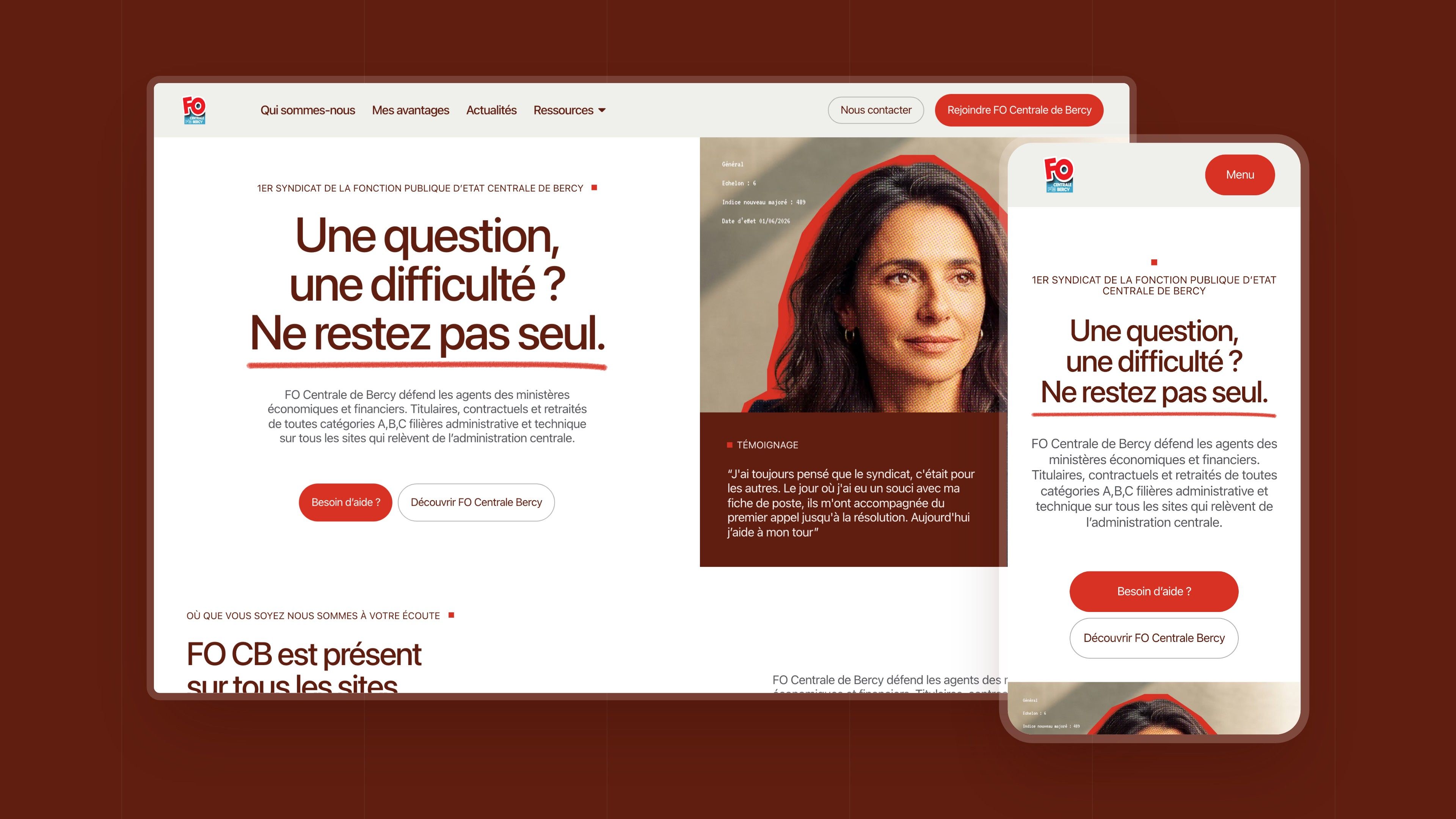 FO Centrale Bercy home page on desktop and mobile, on a burgundy background