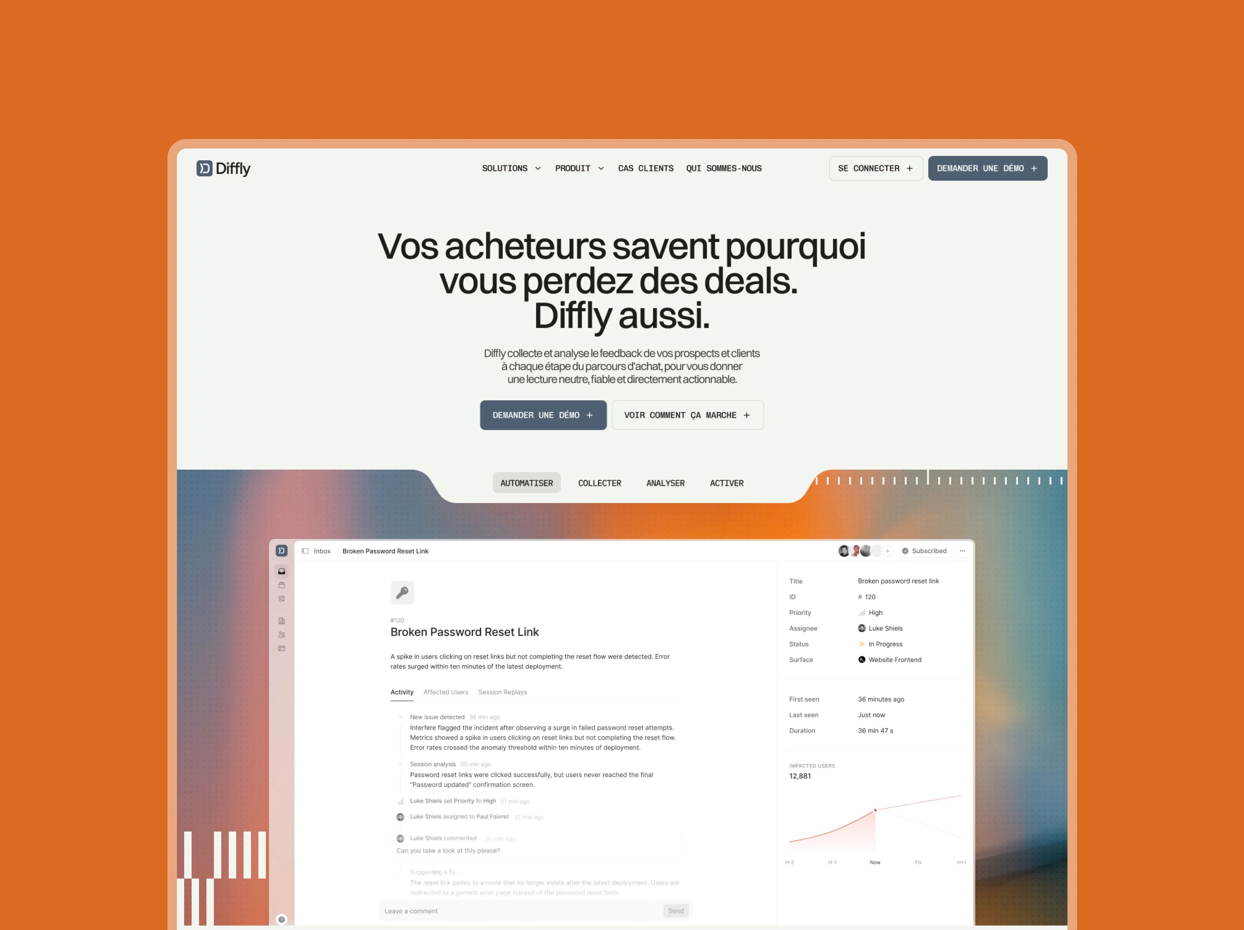 Diffly homepage: headline “Your buyers know why you lose deals,” blurred backdrop and app interface preview