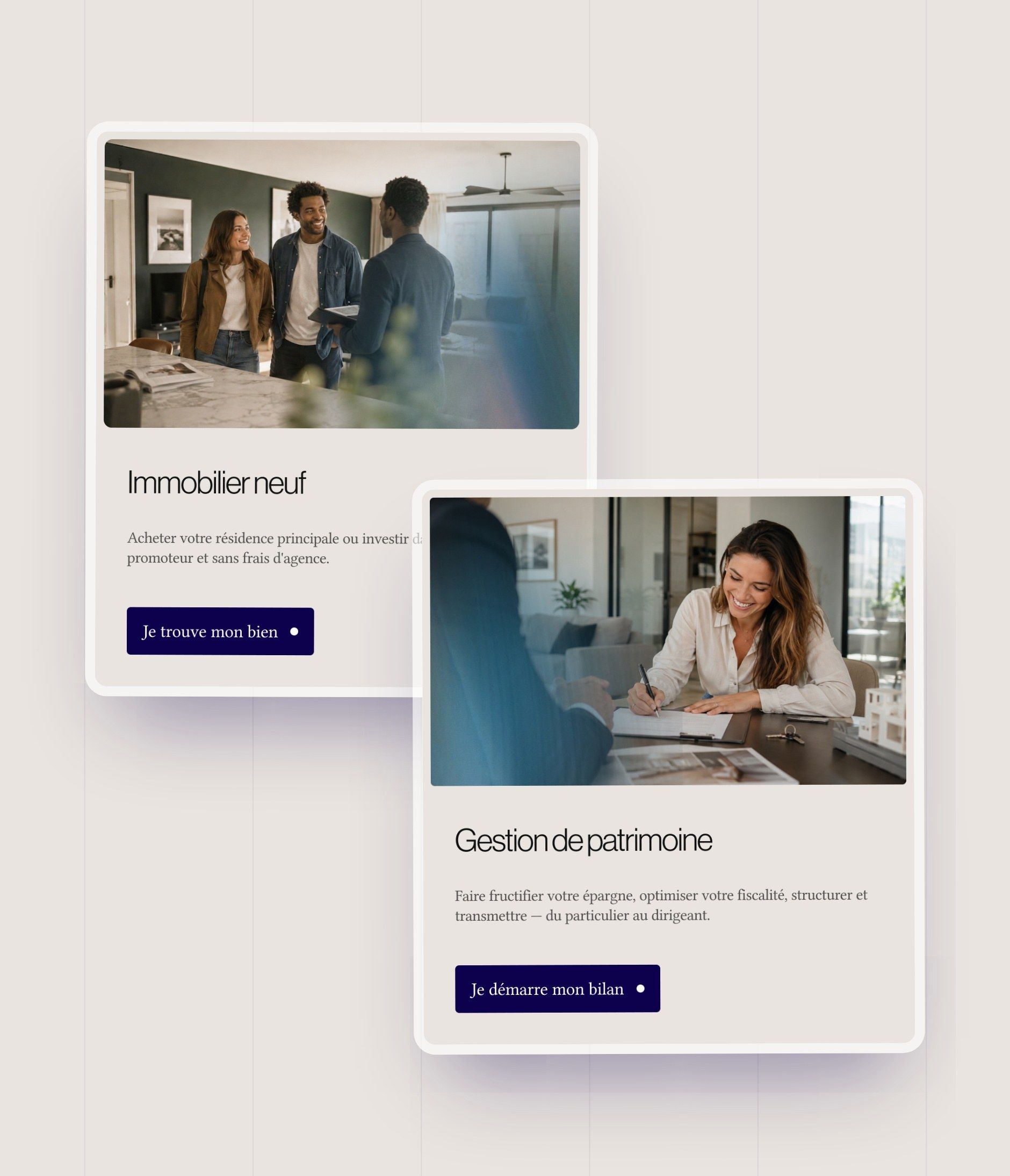 New-build property and Wealth management cards on the main home page