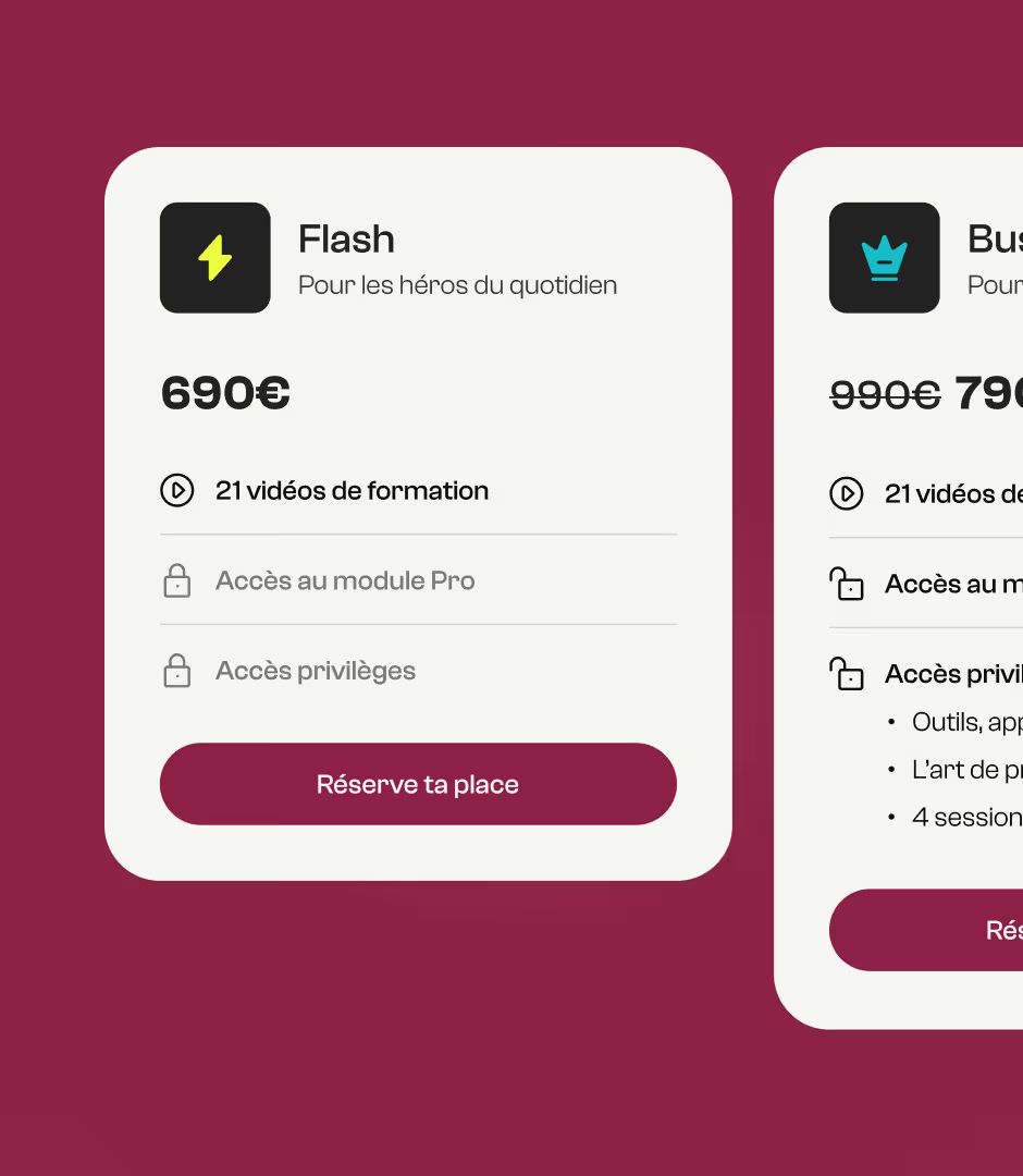 Paradox pricing cards on burgundy background: Flash plan at €690 with 21 videos and a “Réserve ta place” button