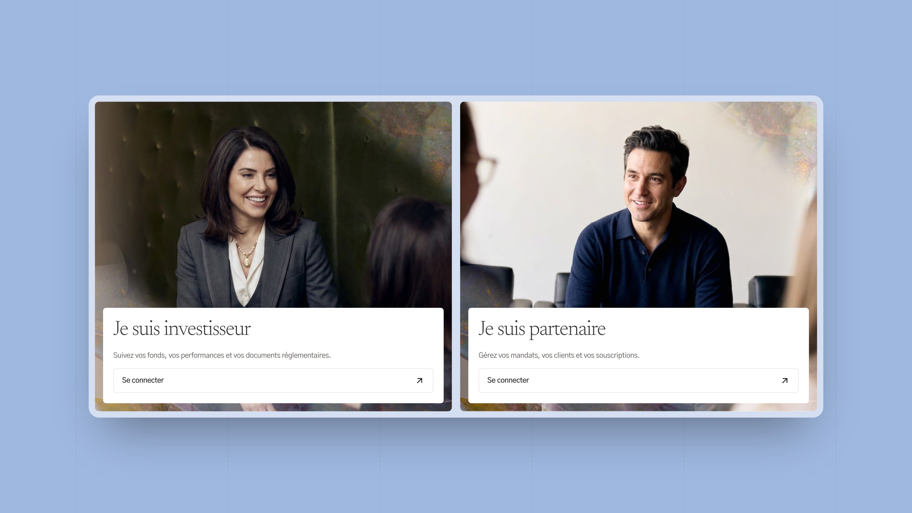 Login page: “I am an investor” and “I am a partner”