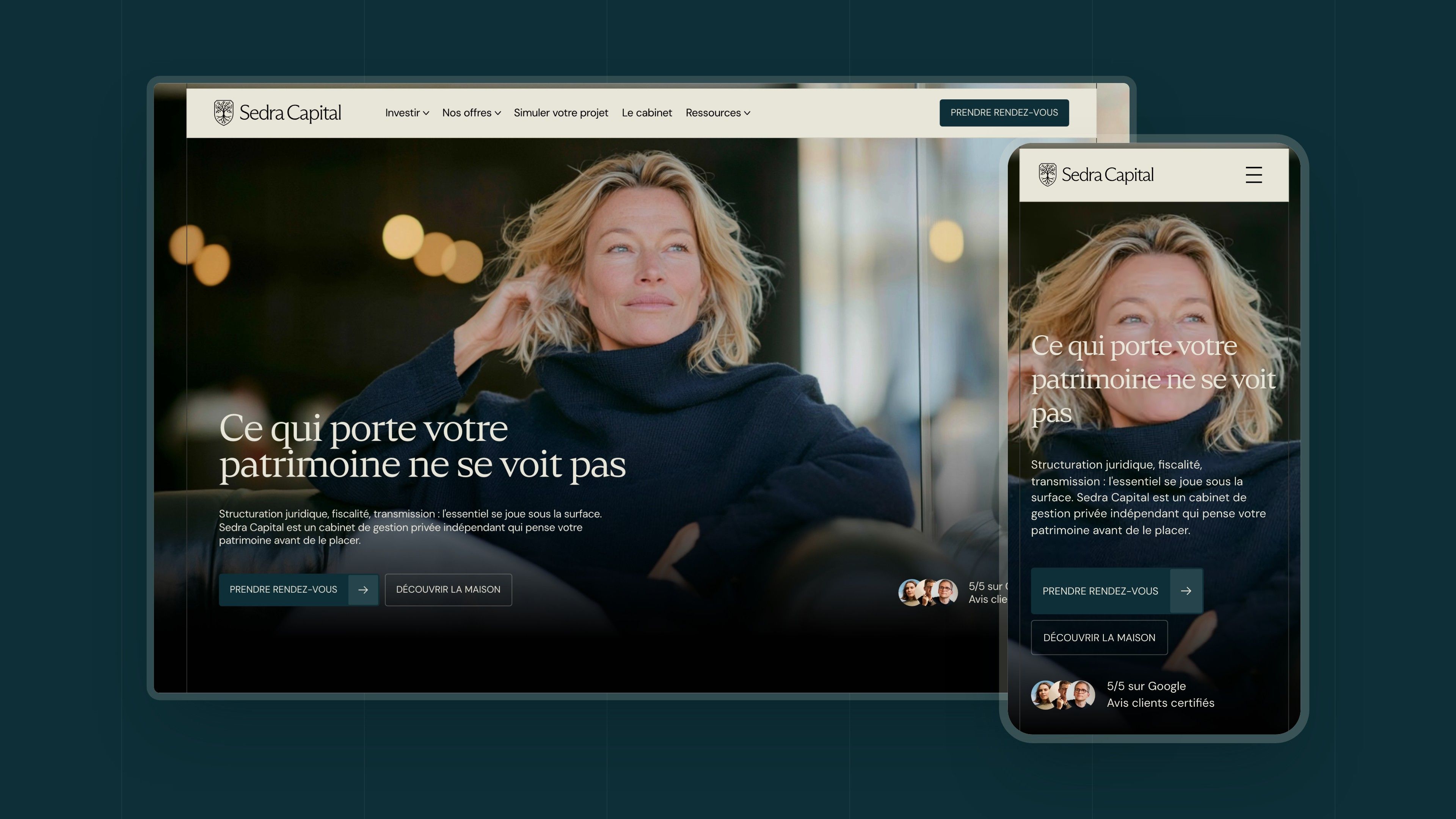 Sedra Capital home page on desktop and mobile, on a petrol blue background