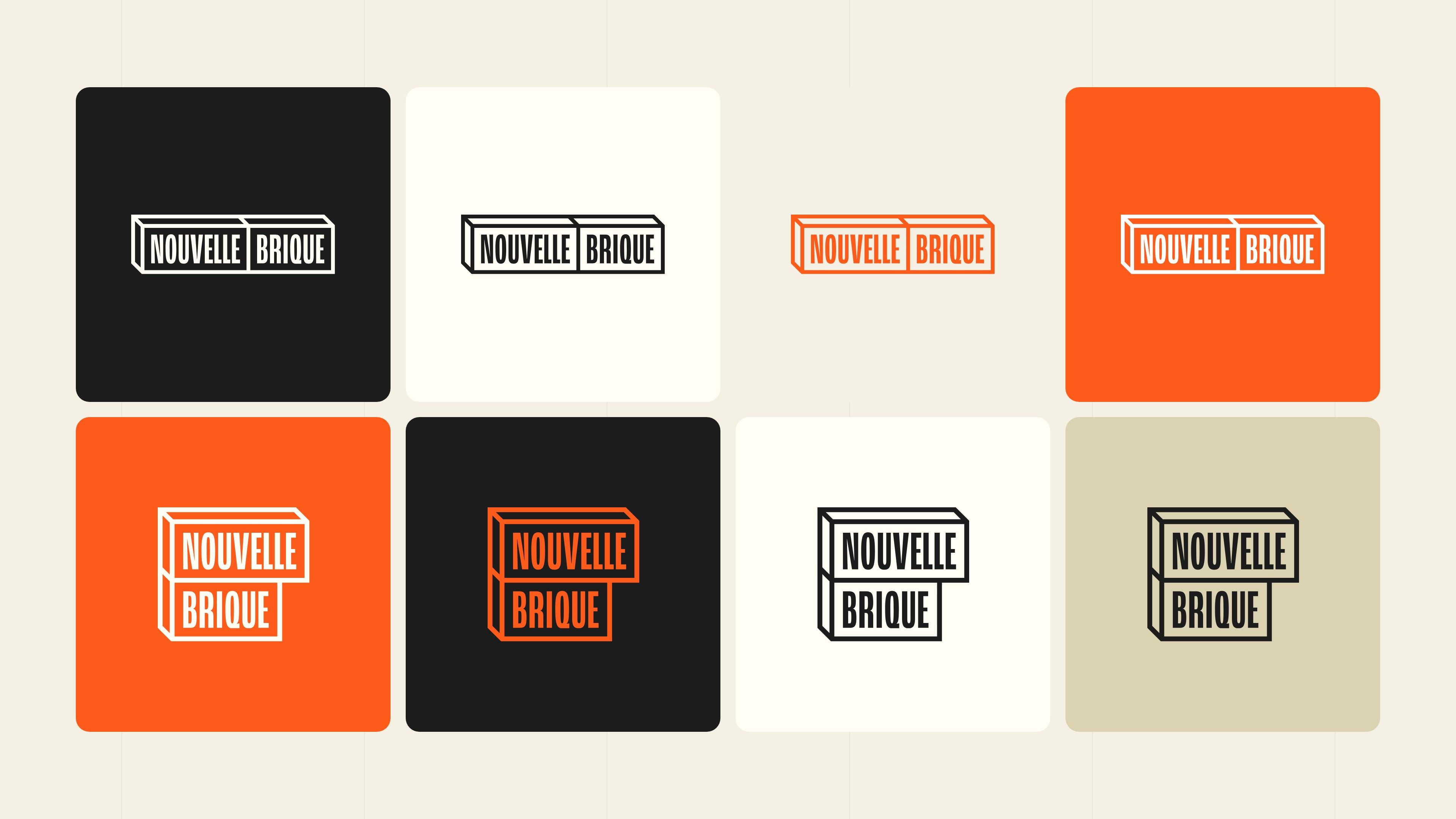 Nouvelle Brique logo variations, horizontal and stacked, on black, cream, sand and orange backgrounds