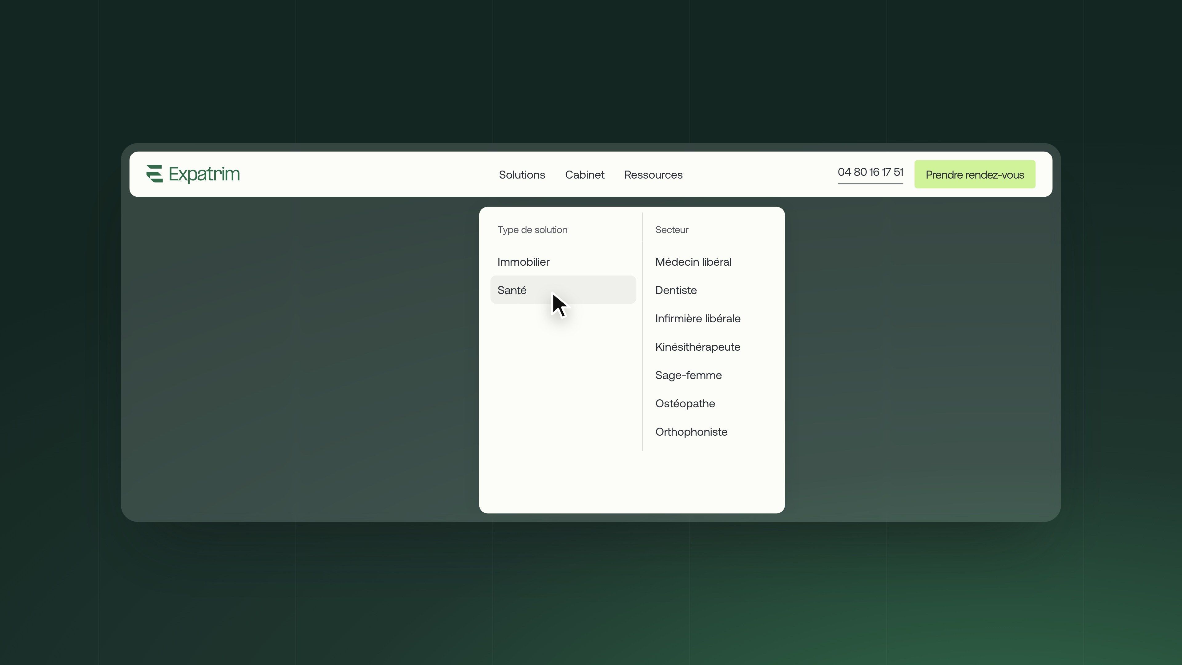 Expatrim's Solutions menu open: Real estate and Healthcare tabs and links by status