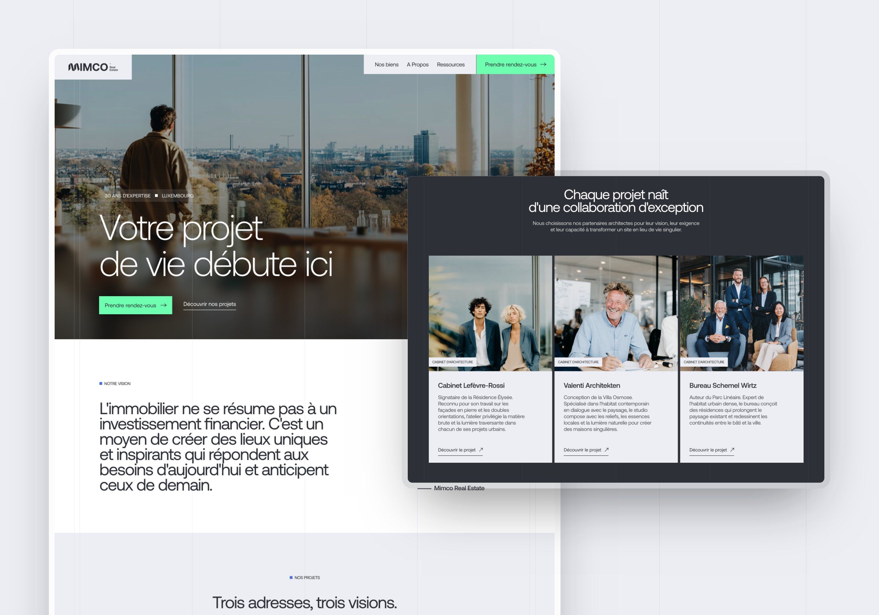 Concept 3: full-screen home page and the section “Every project is born from an exceptional collaboration”