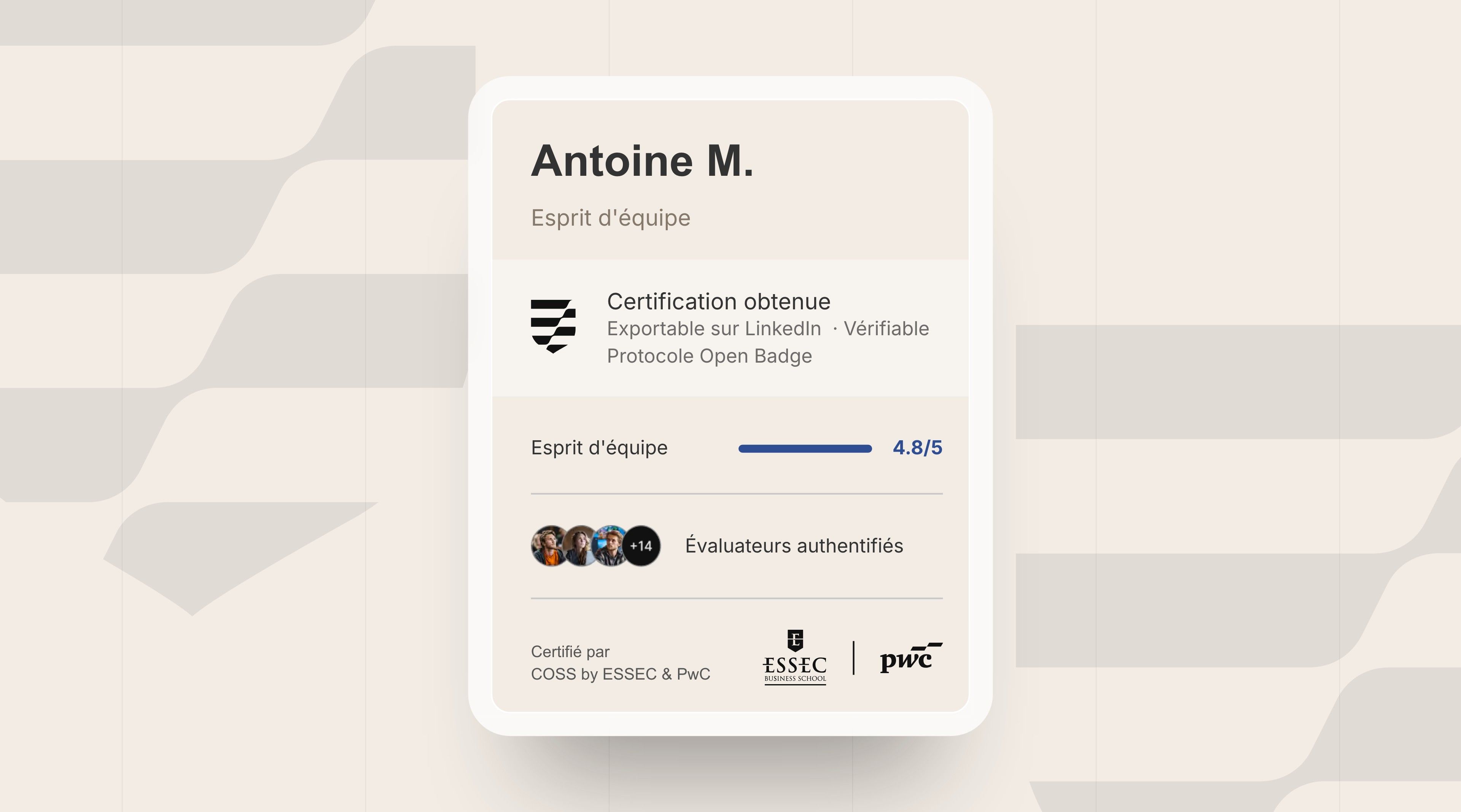 Enlarged COSS certification card, “Team spirit 4.8/5”, on a cream background, with the COSS icon