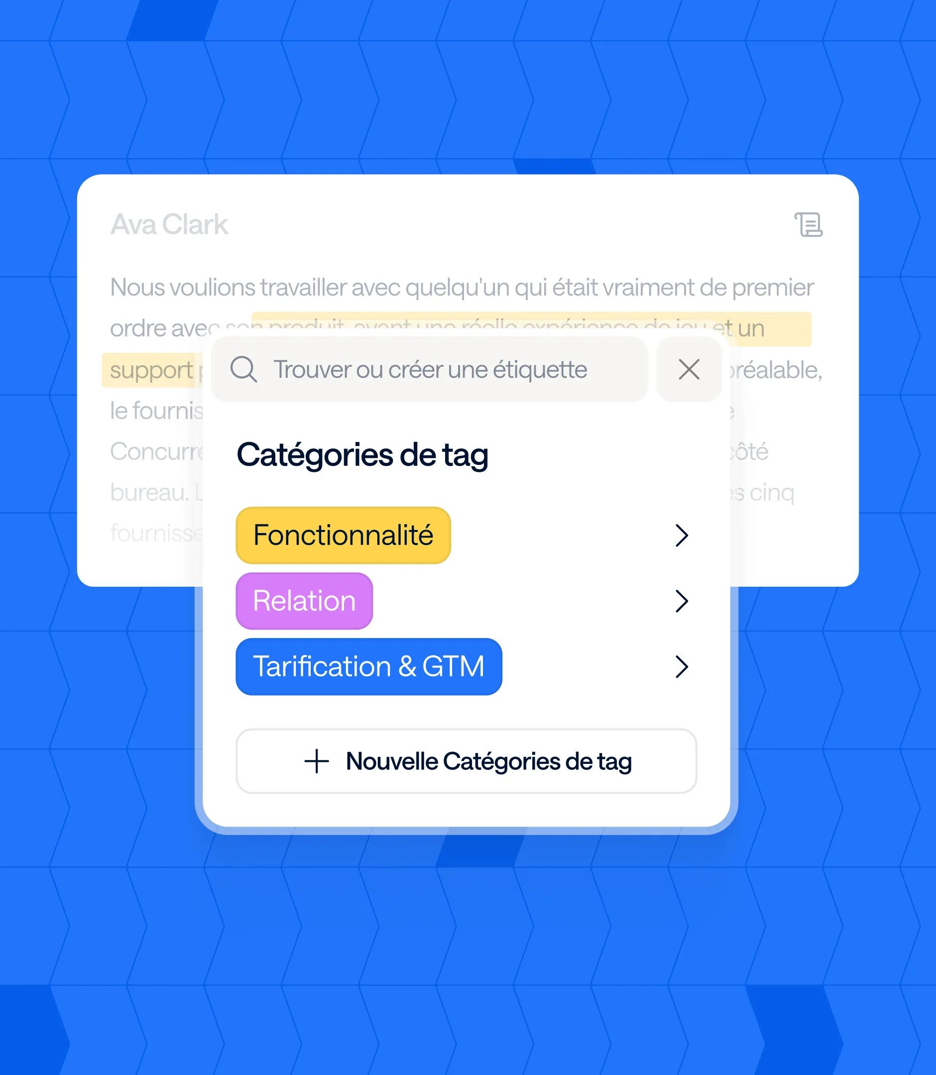 Diffly product visual: tag category menu (Feature, Relationship, Pricing & GTM) over a customer quote