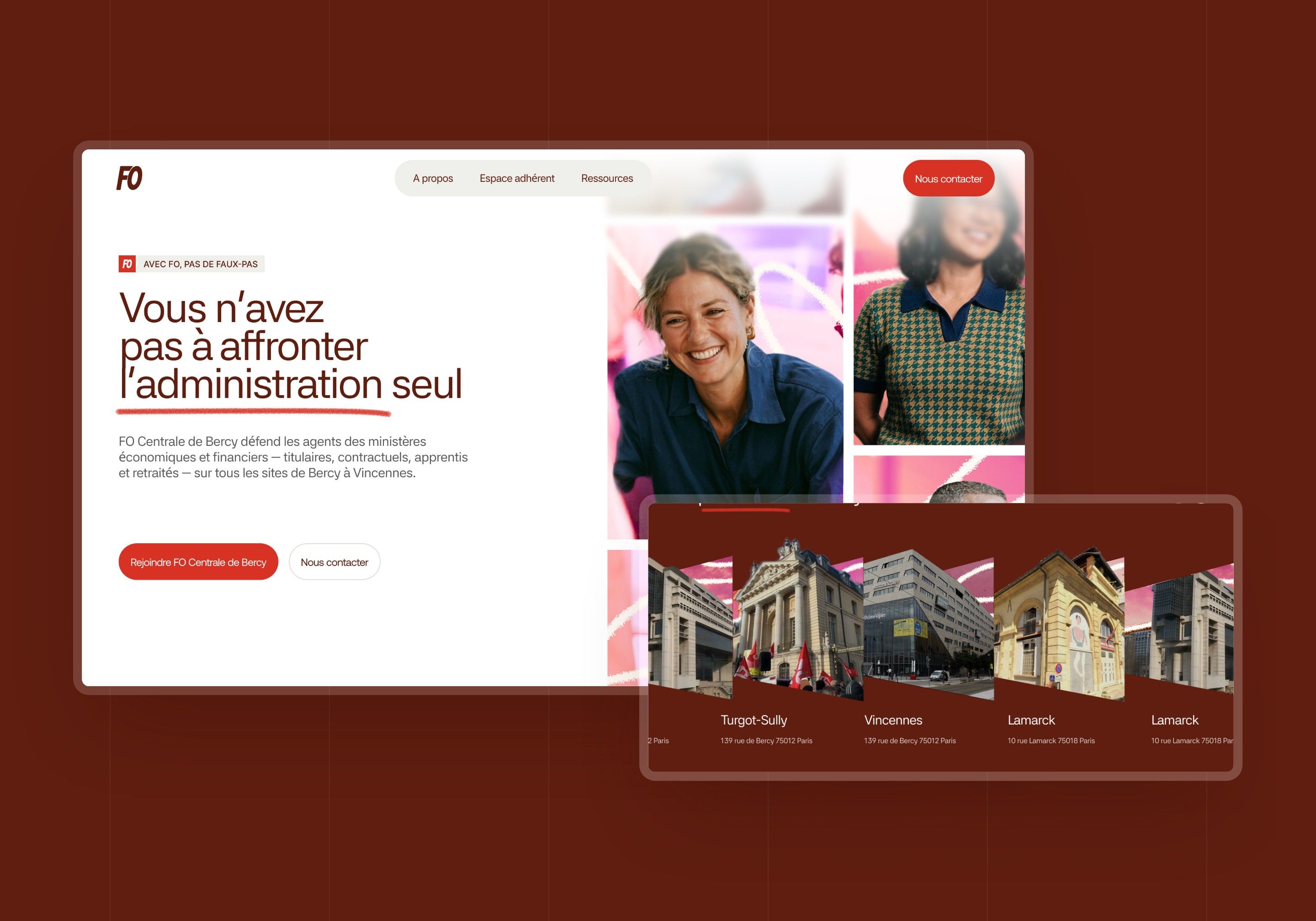 Direction 2, The frame: hero with a mosaic of portraits and a carousel of buildings on a burgundy background