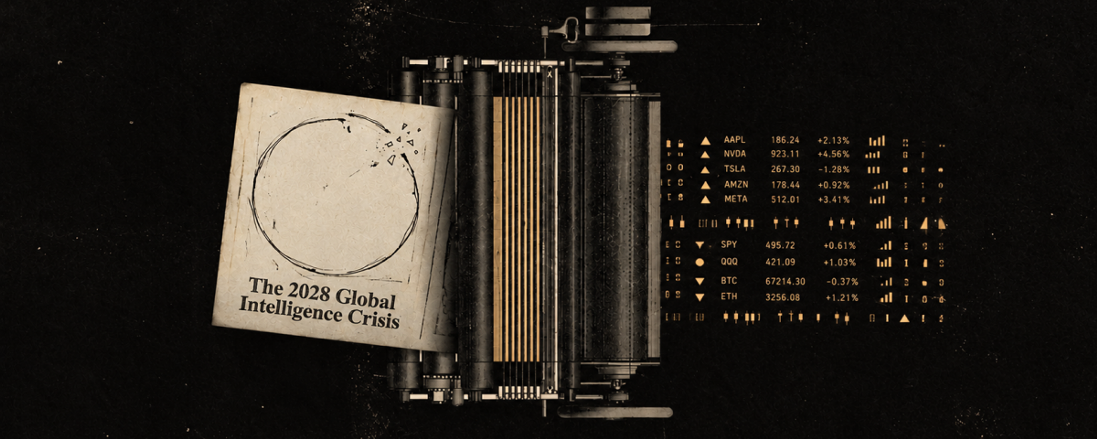 Vintage printing press turning a pamphlet titled “The 2028 Global Intelligence Crisis” into a stock ticker feed, cover image for Treasures Finance’s backtest of trading on Citrini’s tweets