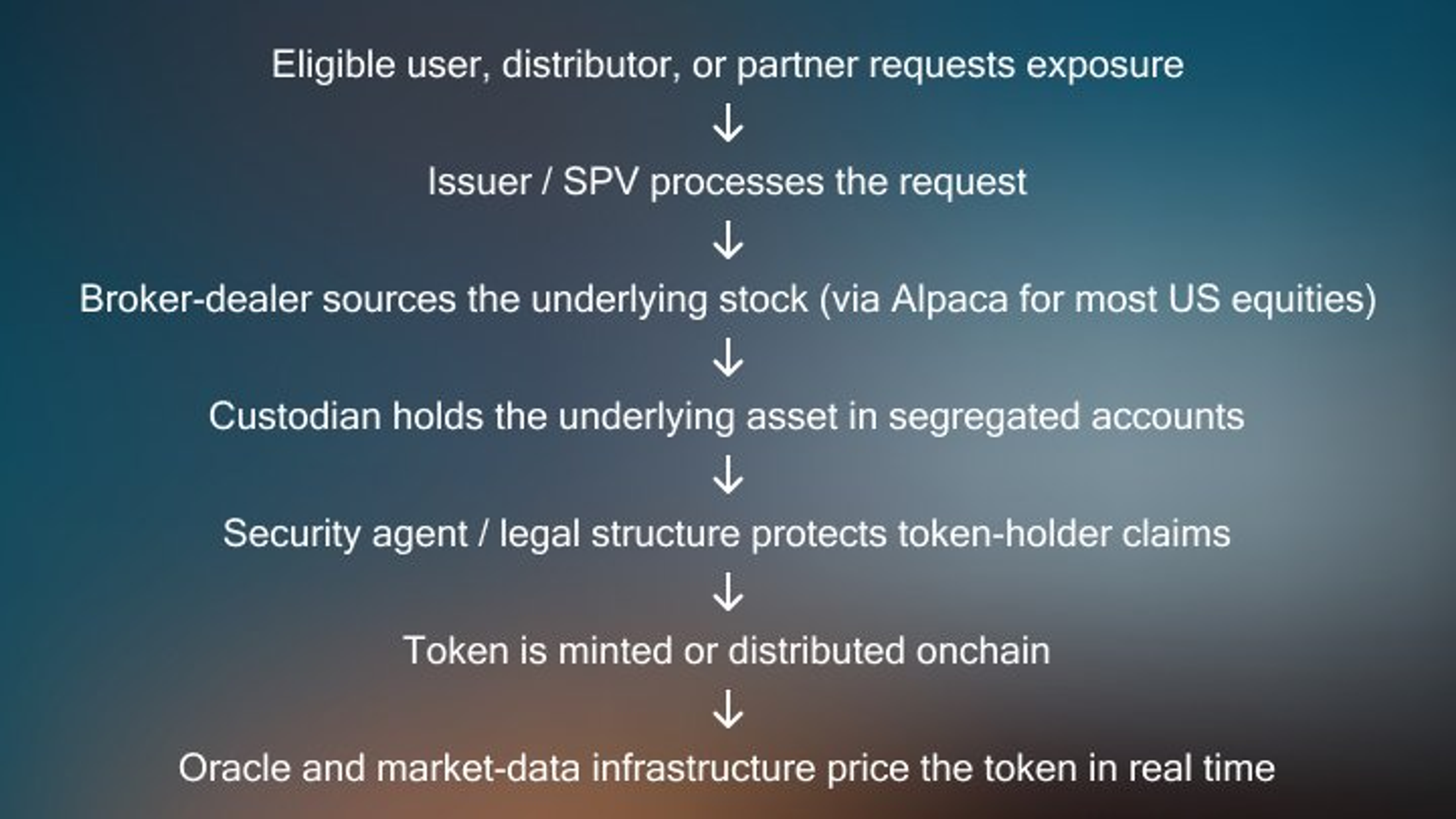 Flow diagram of how a tokenized stock is created: user or partner requests exposure, the issuer SPV processes it, a broker-dealer sources the underlying stock (Alpaca for most US equities), a custodian holds it in segregated accounts, a security agent protects token-holder claims, the token is minted onchain, and an oracle prices it in real time