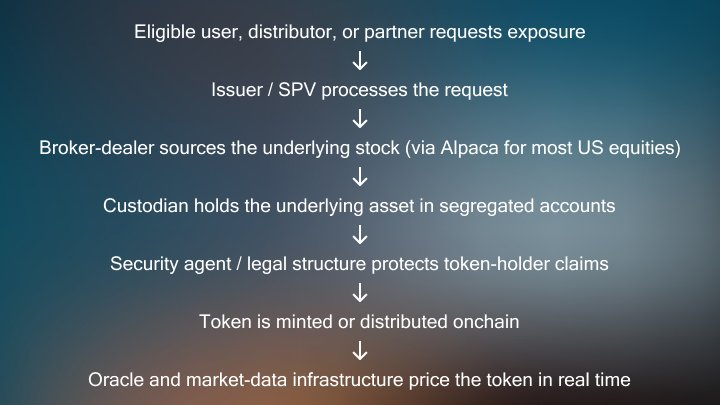 Flow diagram of how a tokenized stock is created: user or partner requests exposure, the issuer SPV processes it, a broker-dealer sources the underlying stock (Alpaca for most US equities), a custodian holds it in segregated accounts, a security agent protects token-holder claims, the token is minted onchain, and an oracle prices it in real time