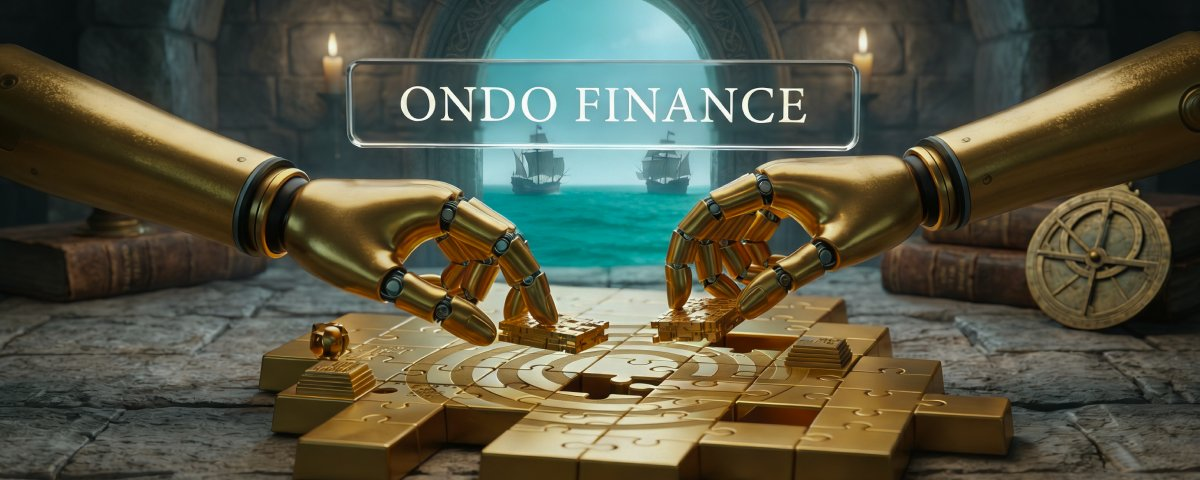 Two golden robotic hands assembling a gold puzzle under an Ondo Finance sign, with ships visible through a stone archway, cover image for a Treasures Finance case study of how Ondo tokenized stocks work