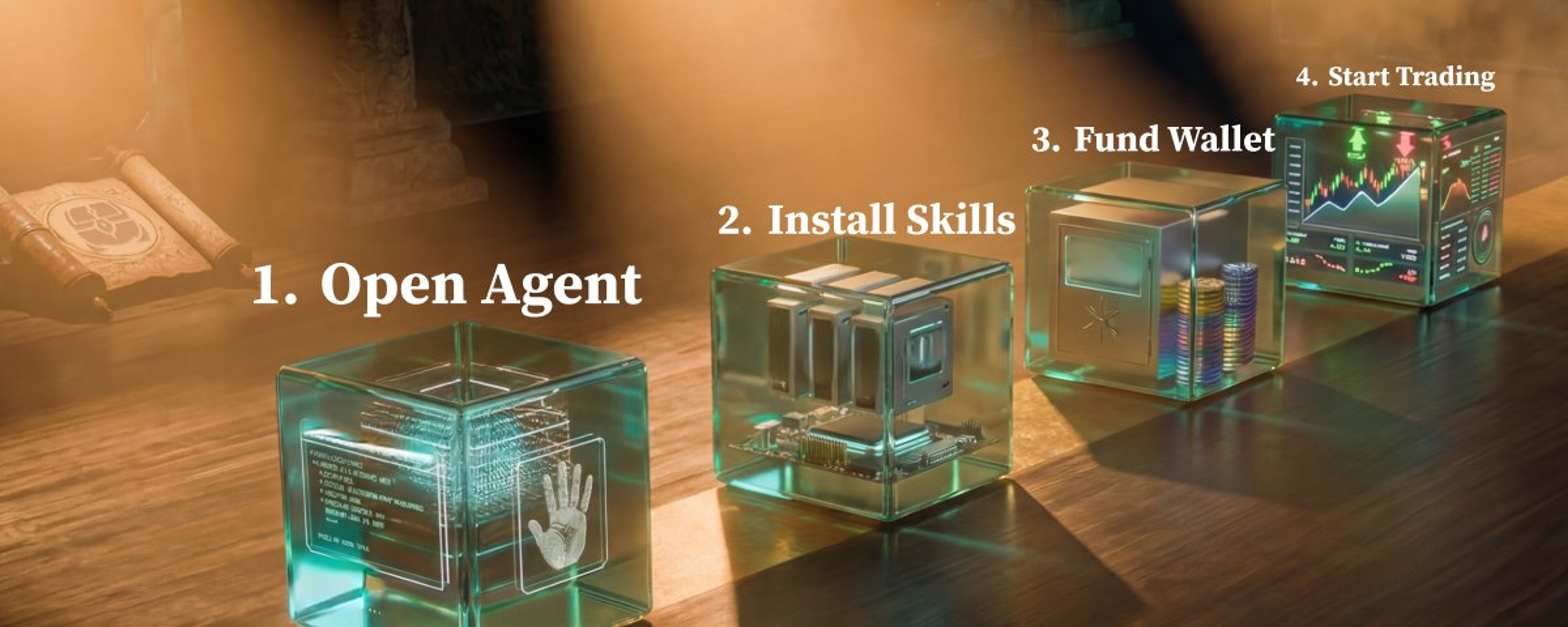 Four glass cubes on a wooden table showing the steps to set up an AI agent for tokenized stock trading: open agent, install skills, fund wallet, start trading, cover image for a Treasures Finance setup guide