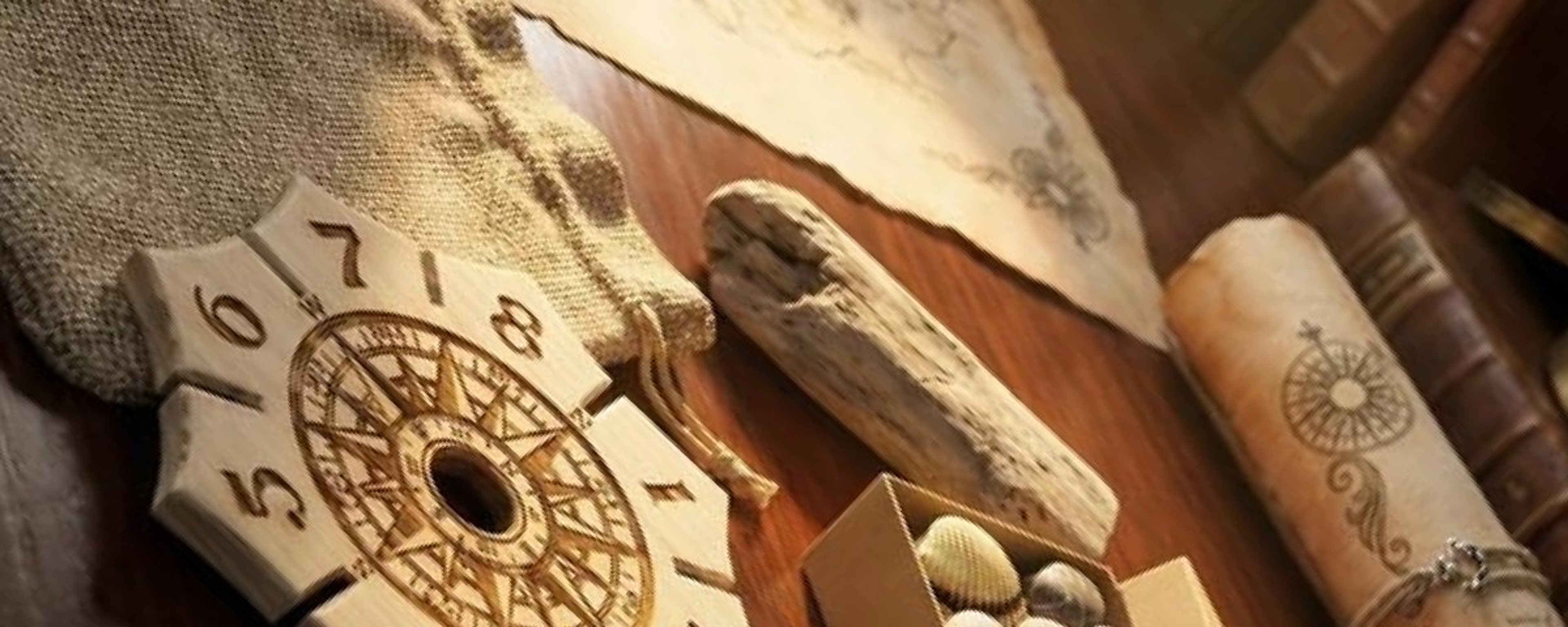 Treasure map, compass dial and a box of gold coins on a wooden table, cover image for a Treasures Finance guide to how tokenized stocks handle dividends and stock splits