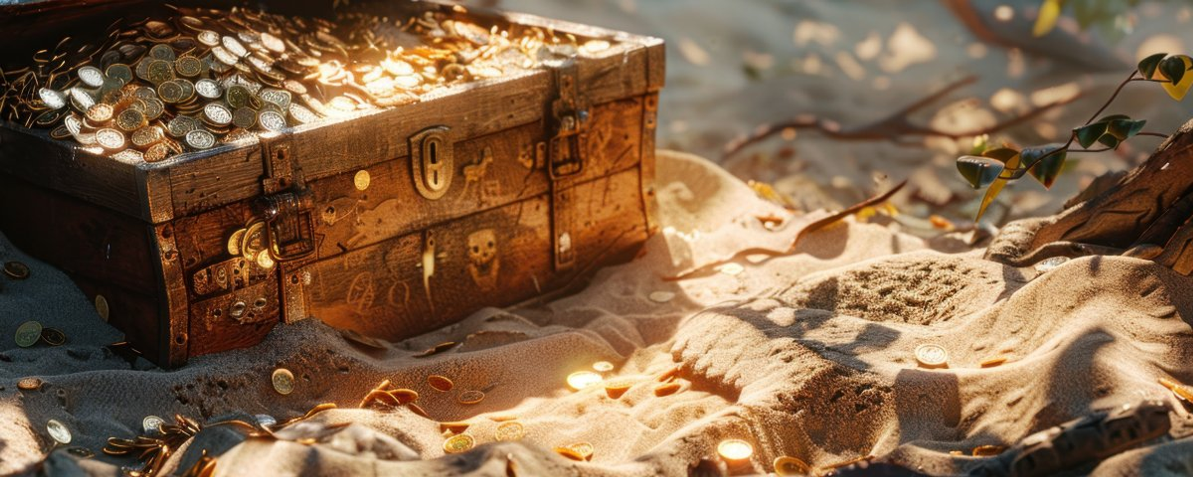 Open treasure chest full of gold coins on a sandy beach, cover image for a Treasures Finance guide to using tokenized stocks in DeFi for trading and collateral