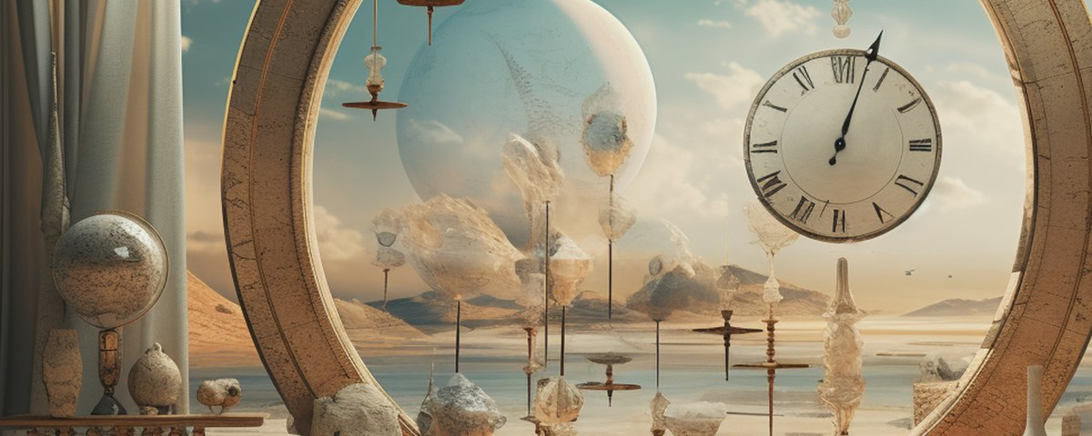 Surreal desert scene with a large clock, hourglasses and a moon seen through a stone arch, cover image for a Treasures Finance article on how tokenized stocks trade over the weekend
