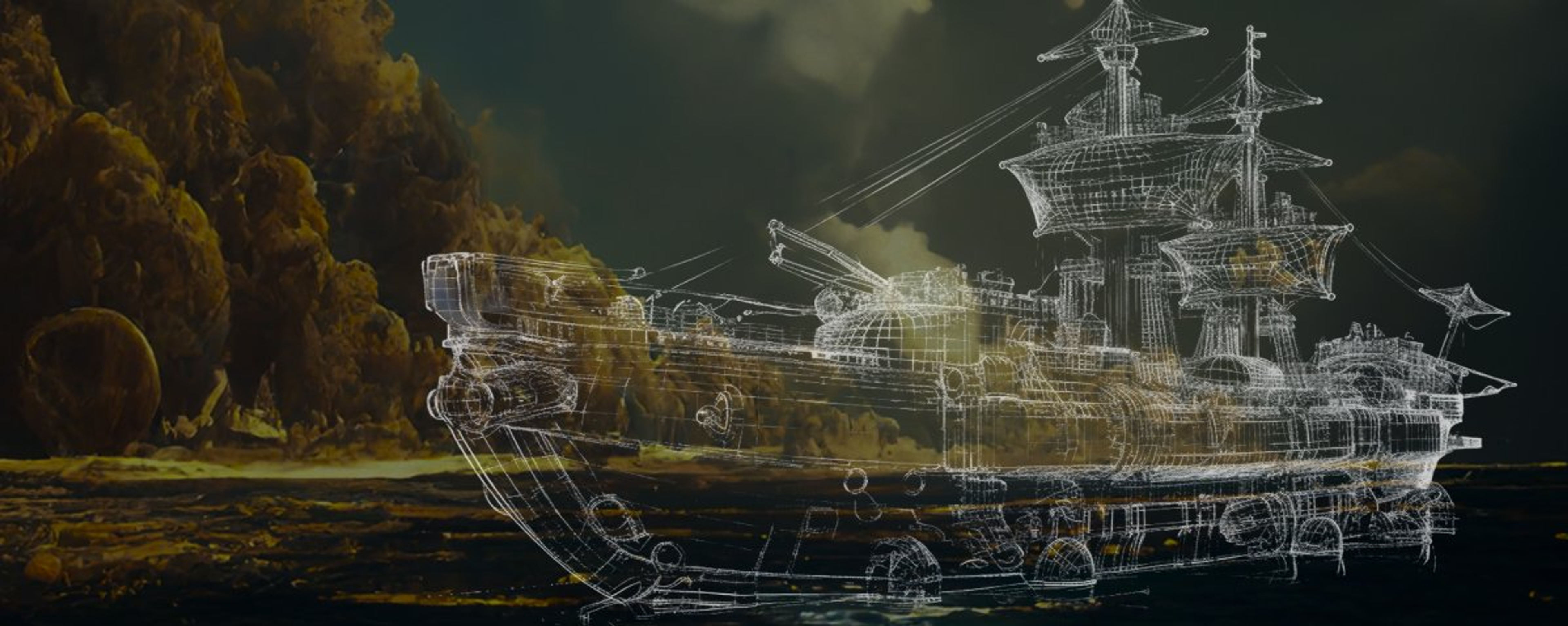 Wireframe blueprint of a sailing ship over a dark sea and rocky coast, cover image for a Treasures Finance guide to how tokenized stock issuers back their tokens